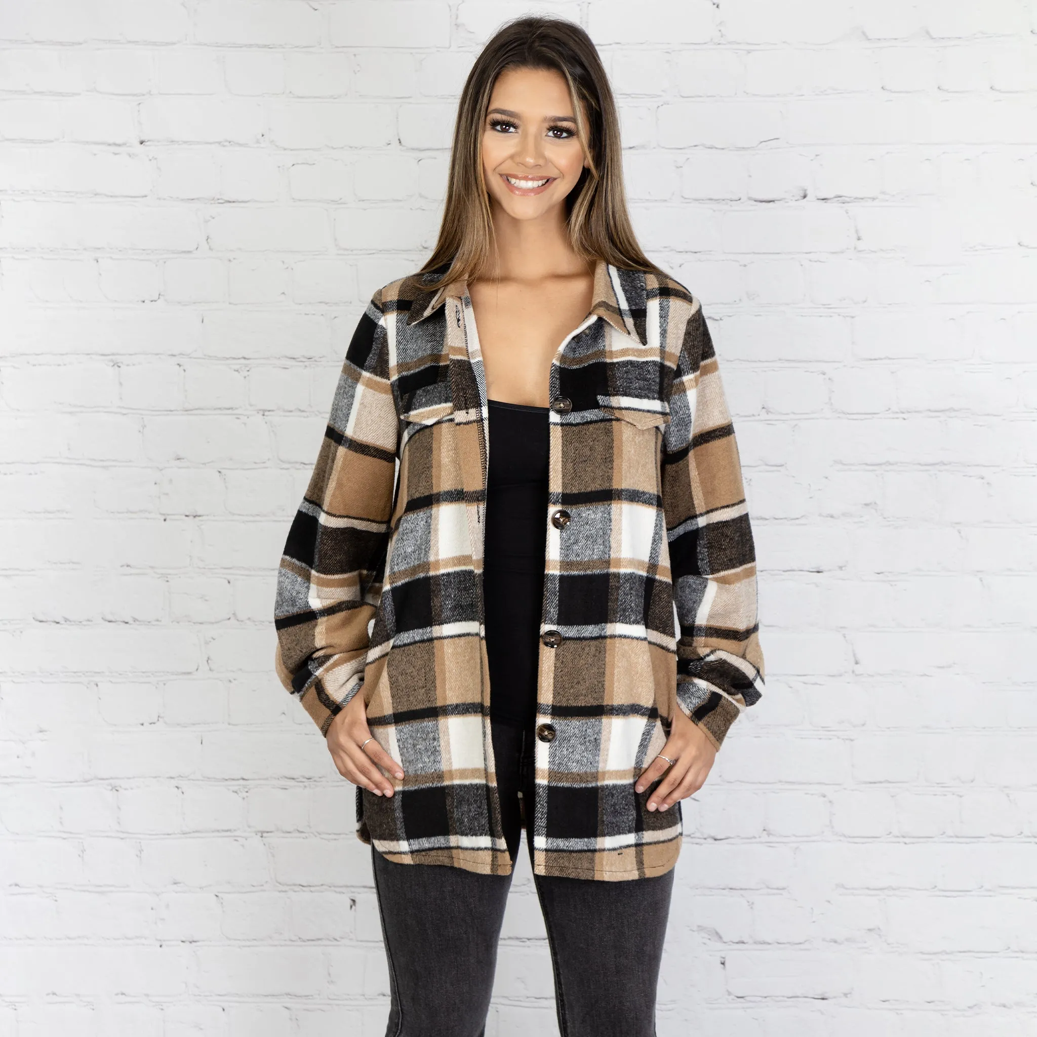 10631 - Plaid Shacket with Pockets - Brown