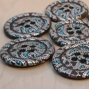 38mm Extra Large Buttons, Paisley Patterned Buttons, 4 Hole Plastic Buttons
