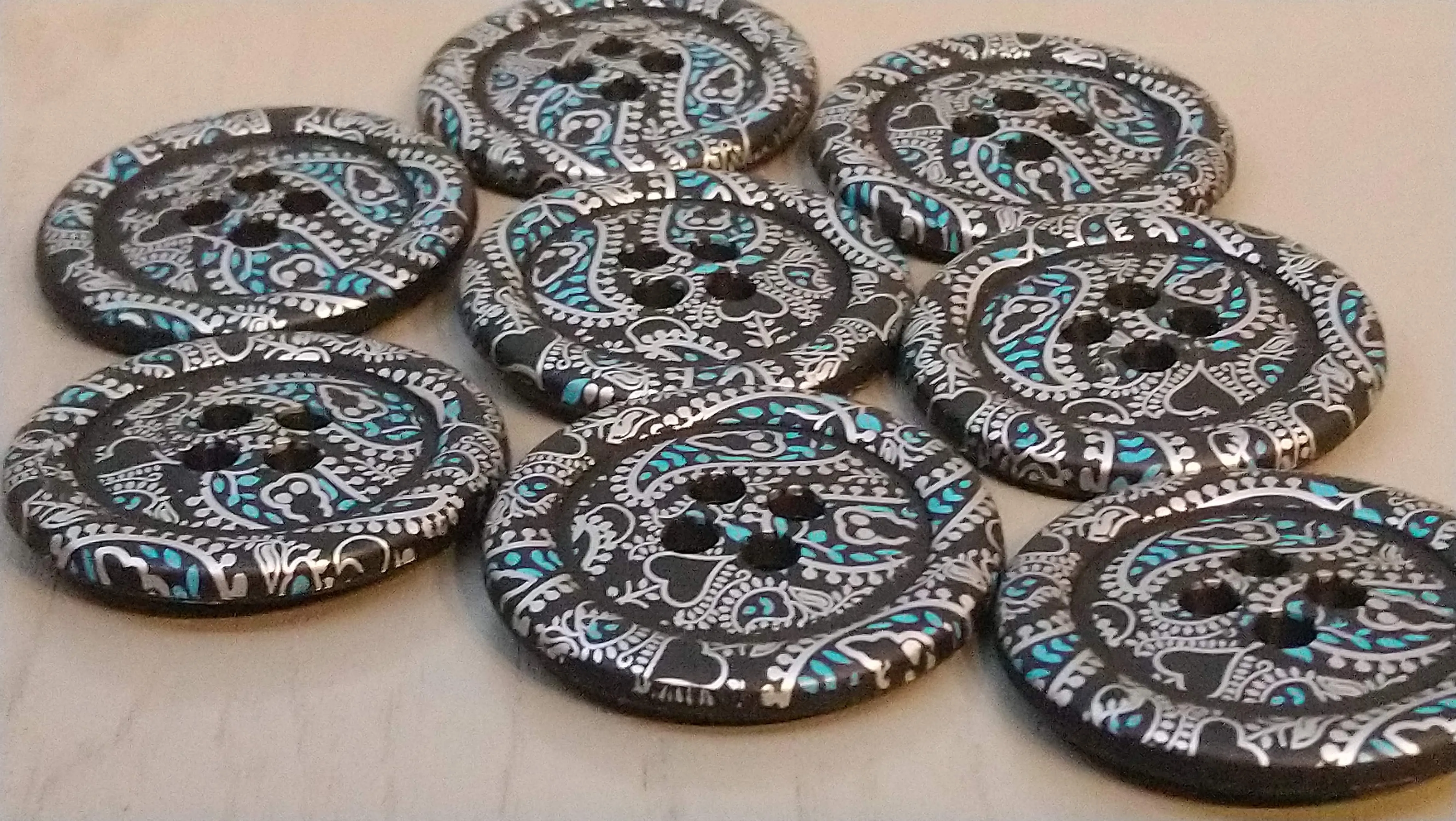 38mm Extra Large Buttons, Paisley Patterned Buttons, 4 Hole Plastic Buttons