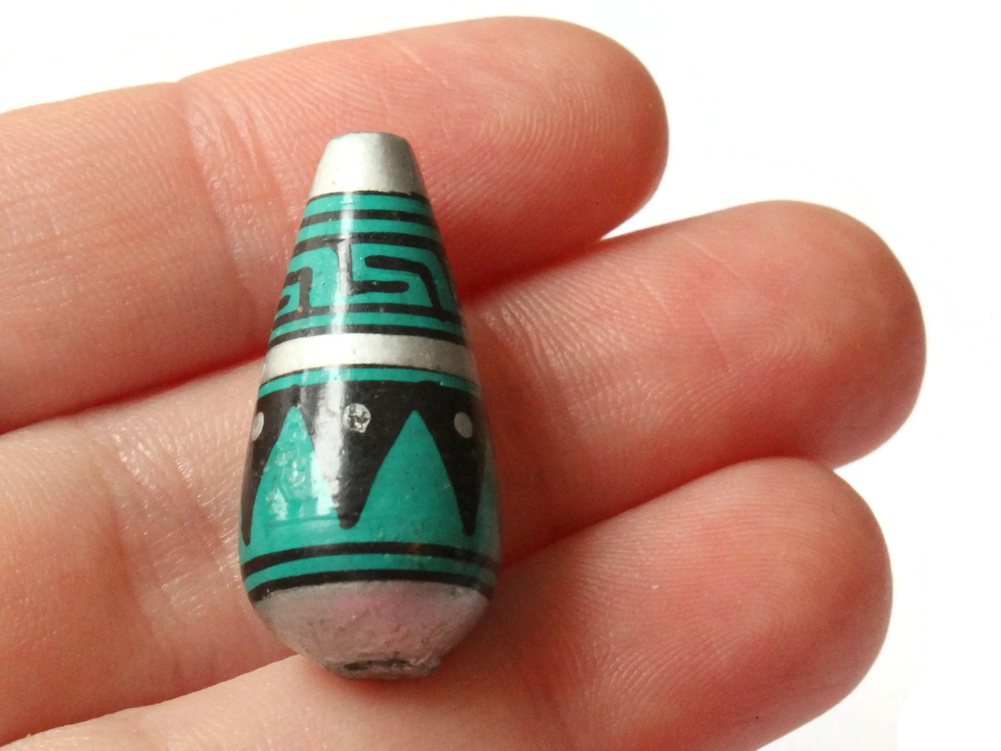 5 28mm Vintage Painted Peruvian Clay Beads - Teal, Silver, and Black Patterned Teardrop Beads