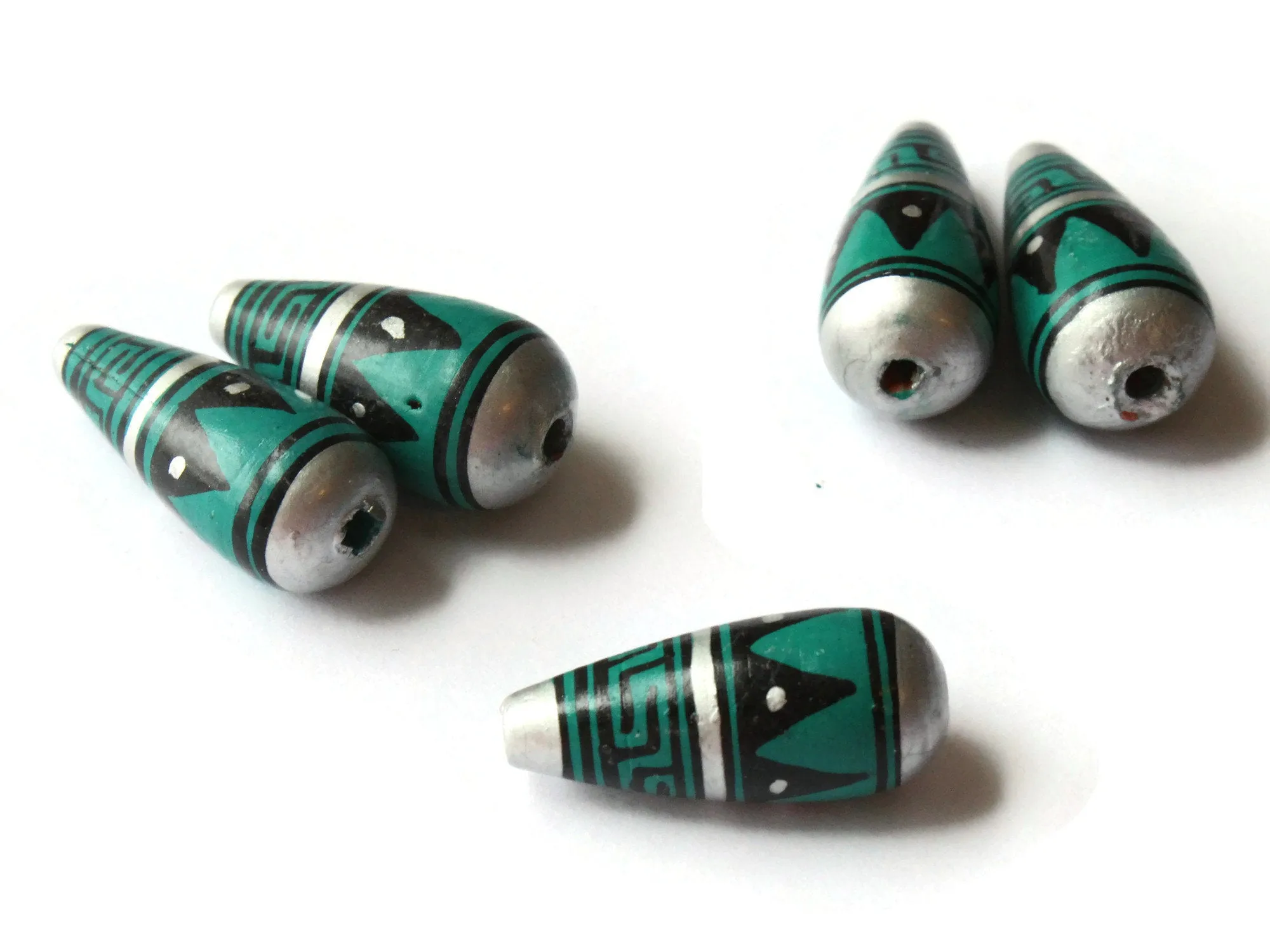 5 28mm Vintage Painted Peruvian Clay Beads - Teal, Silver, and Black Patterned Teardrop Beads