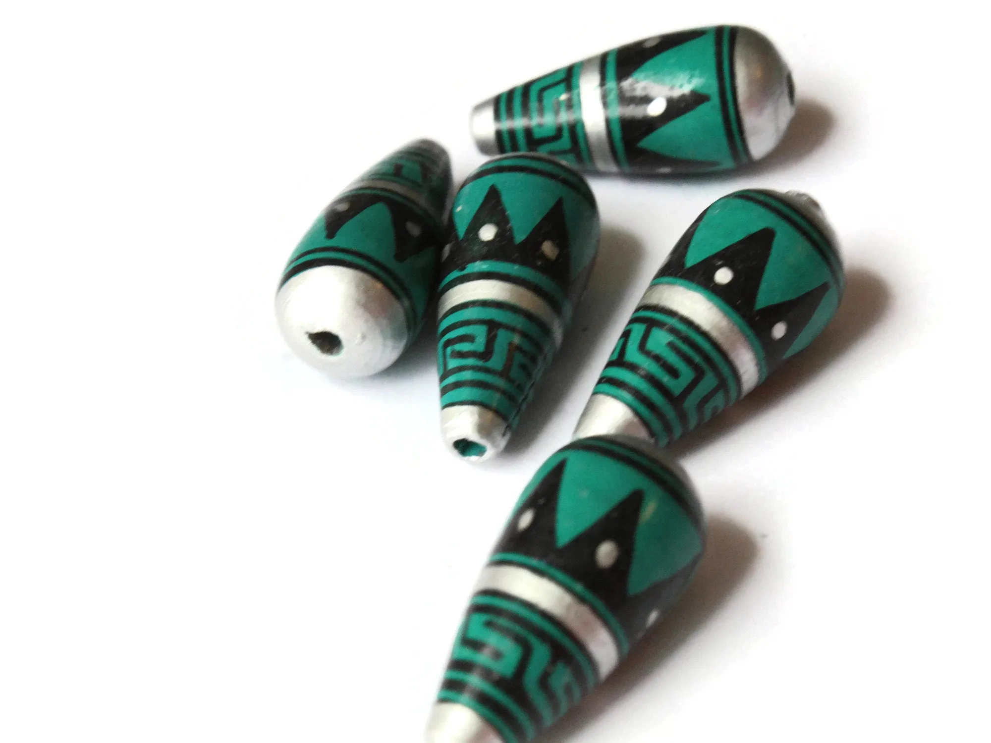 5 28mm Vintage Painted Peruvian Clay Beads - Teal, Silver, and Black Patterned Teardrop Beads