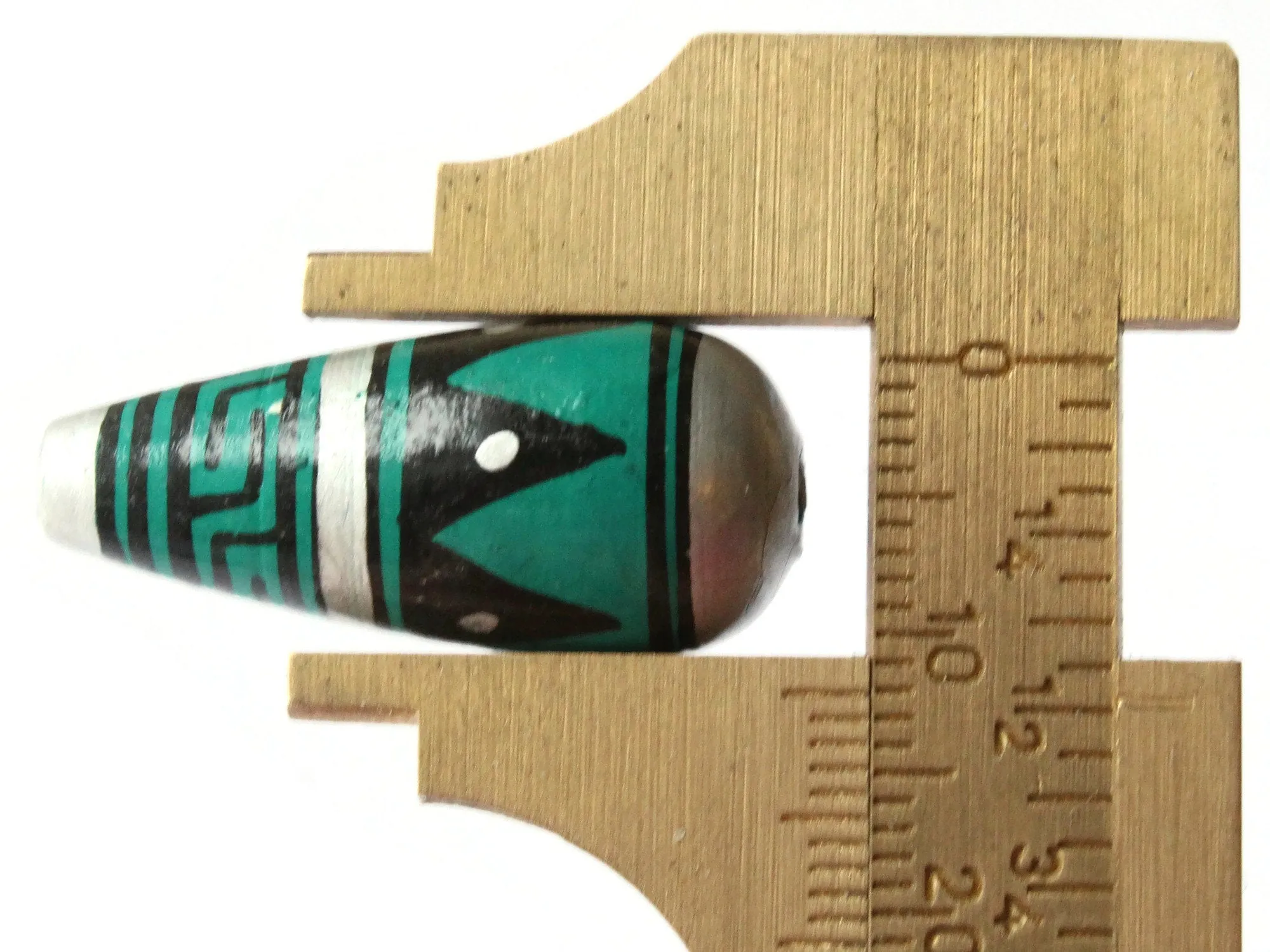 5 28mm Vintage Painted Peruvian Clay Beads - Teal, Silver, and Black Patterned Teardrop Beads