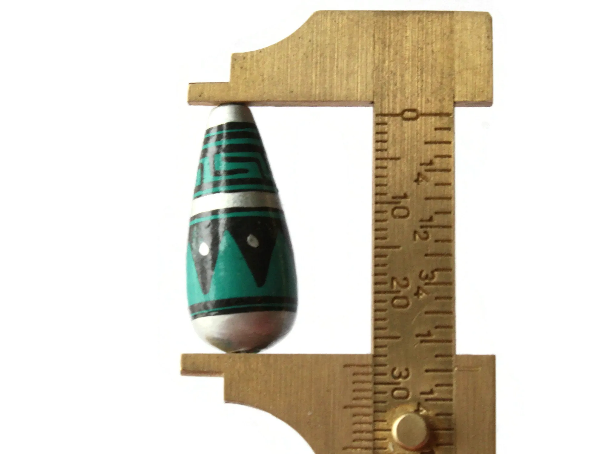 5 28mm Vintage Painted Peruvian Clay Beads - Teal, Silver, and Black Patterned Teardrop Beads