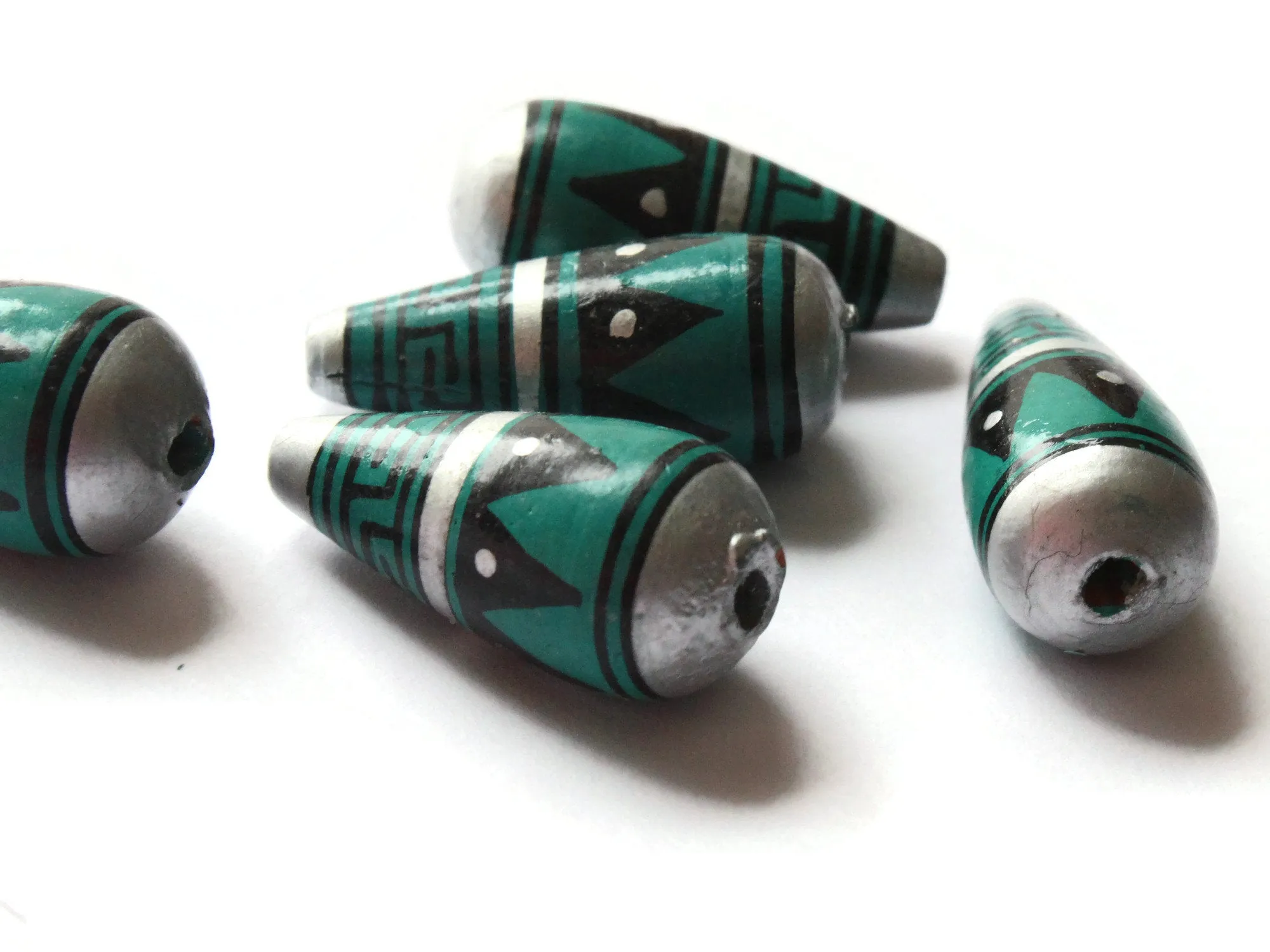 5 28mm Vintage Painted Peruvian Clay Beads - Teal, Silver, and Black Patterned Teardrop Beads