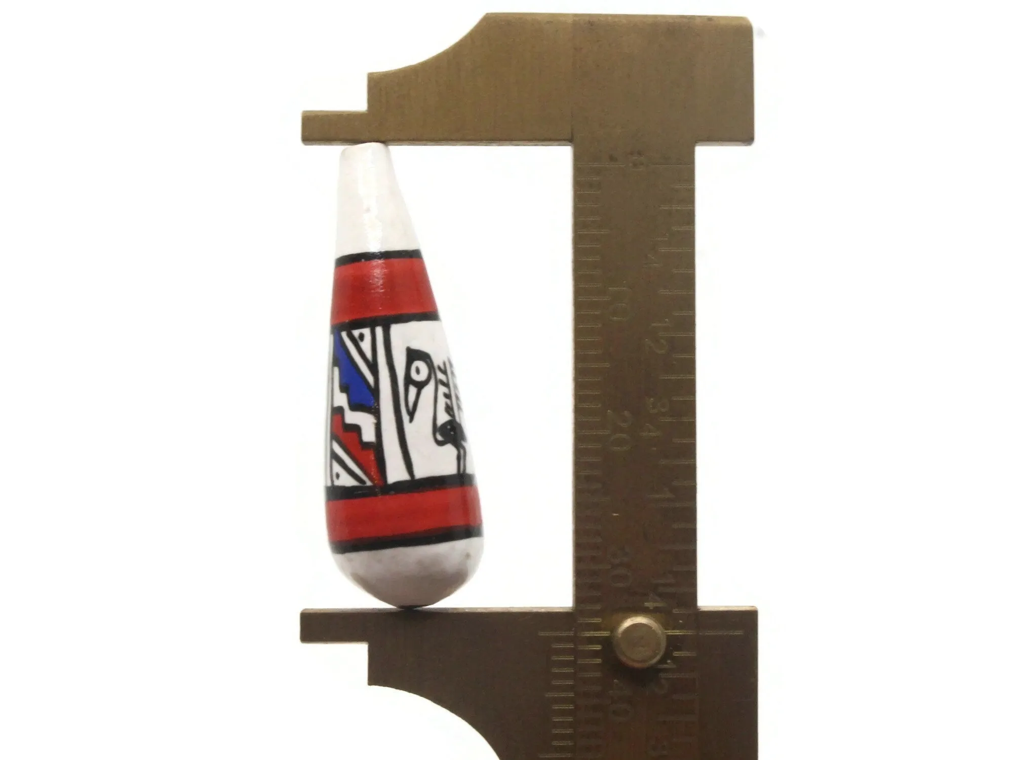 5 32mm Vintage Painted White and Orange Teardrop Peruvian Clay Beads with Bird