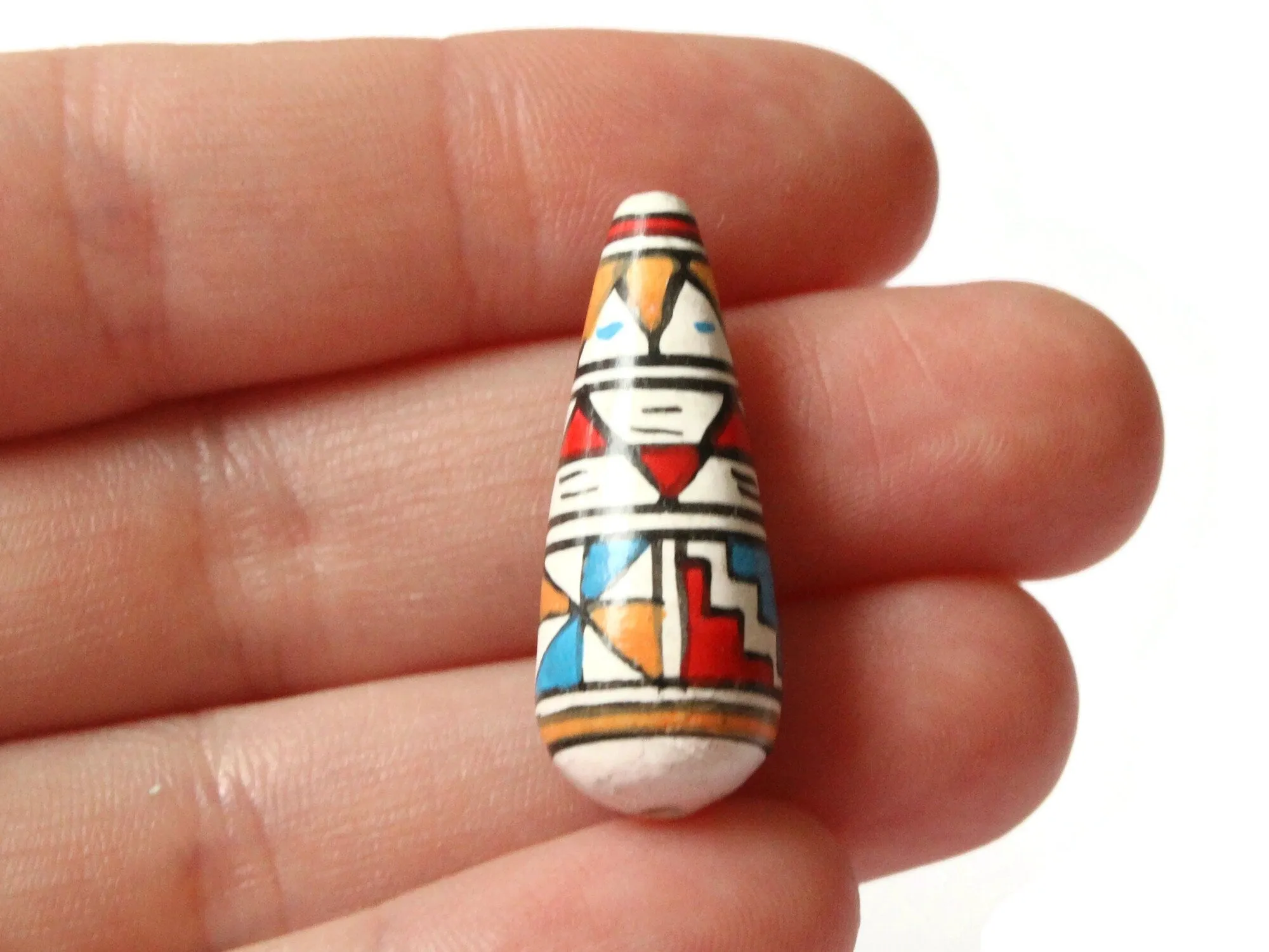 5 35mm Vintage Painted White Teal and Red Teardrop Peruvian Clay Beads
