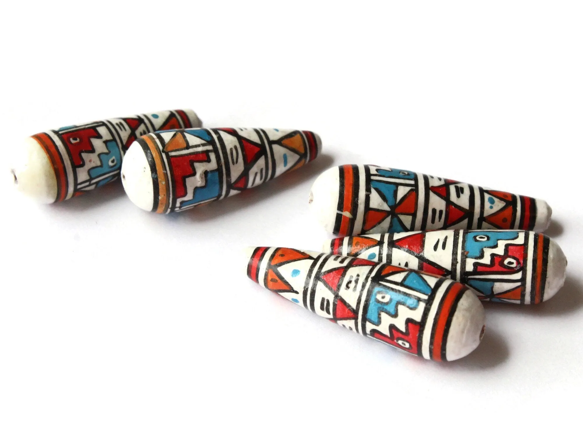 5 35mm Vintage Painted White Teal and Red Teardrop Peruvian Clay Beads