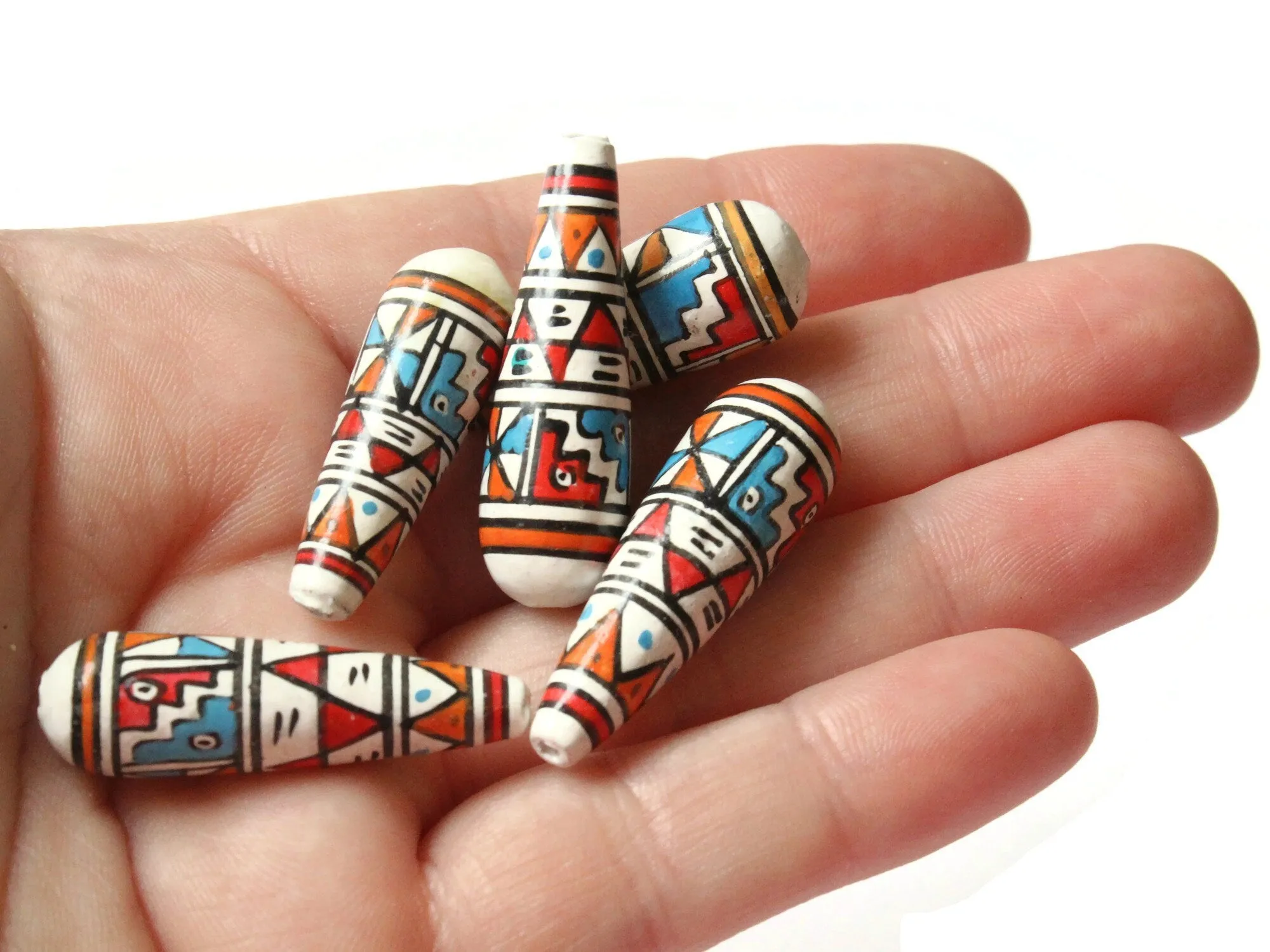 5 35mm Vintage Painted White Teal and Red Teardrop Peruvian Clay Beads