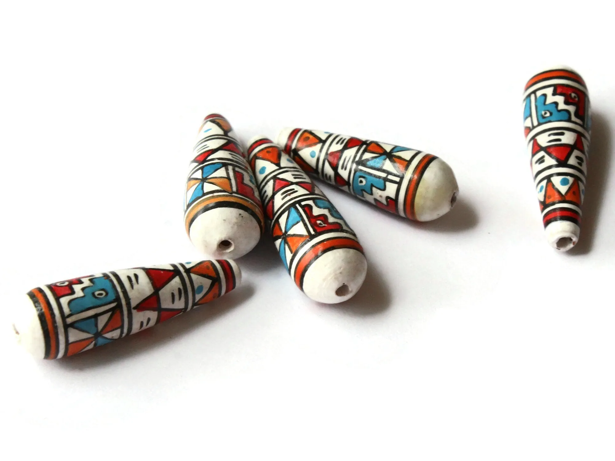 5 35mm Vintage Painted White Teal and Red Teardrop Peruvian Clay Beads