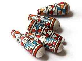 5 35mm Vintage Painted White Teal and Red Teardrop Peruvian Clay Beads