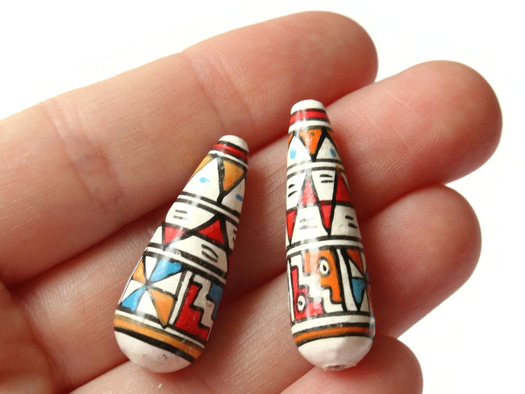 5 35mm Vintage Painted White Teal and Red Teardrop Peruvian Clay Beads