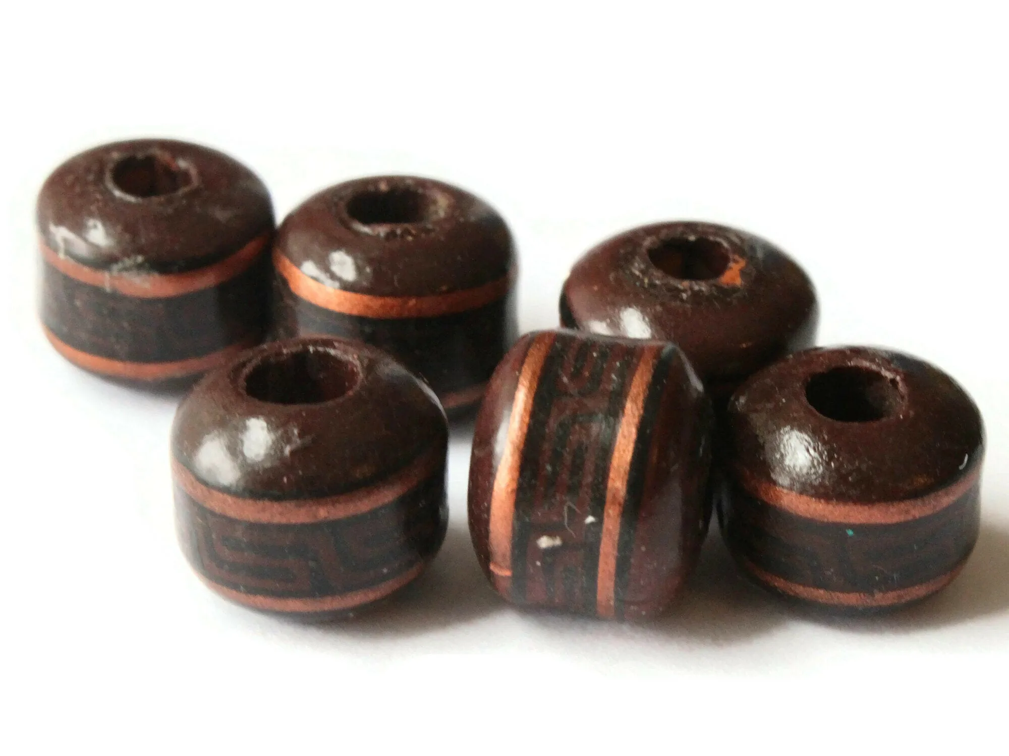 6 14mm Vintage Painted Clay Beads - Brown, Copper, and Black Patterned Tube Beads