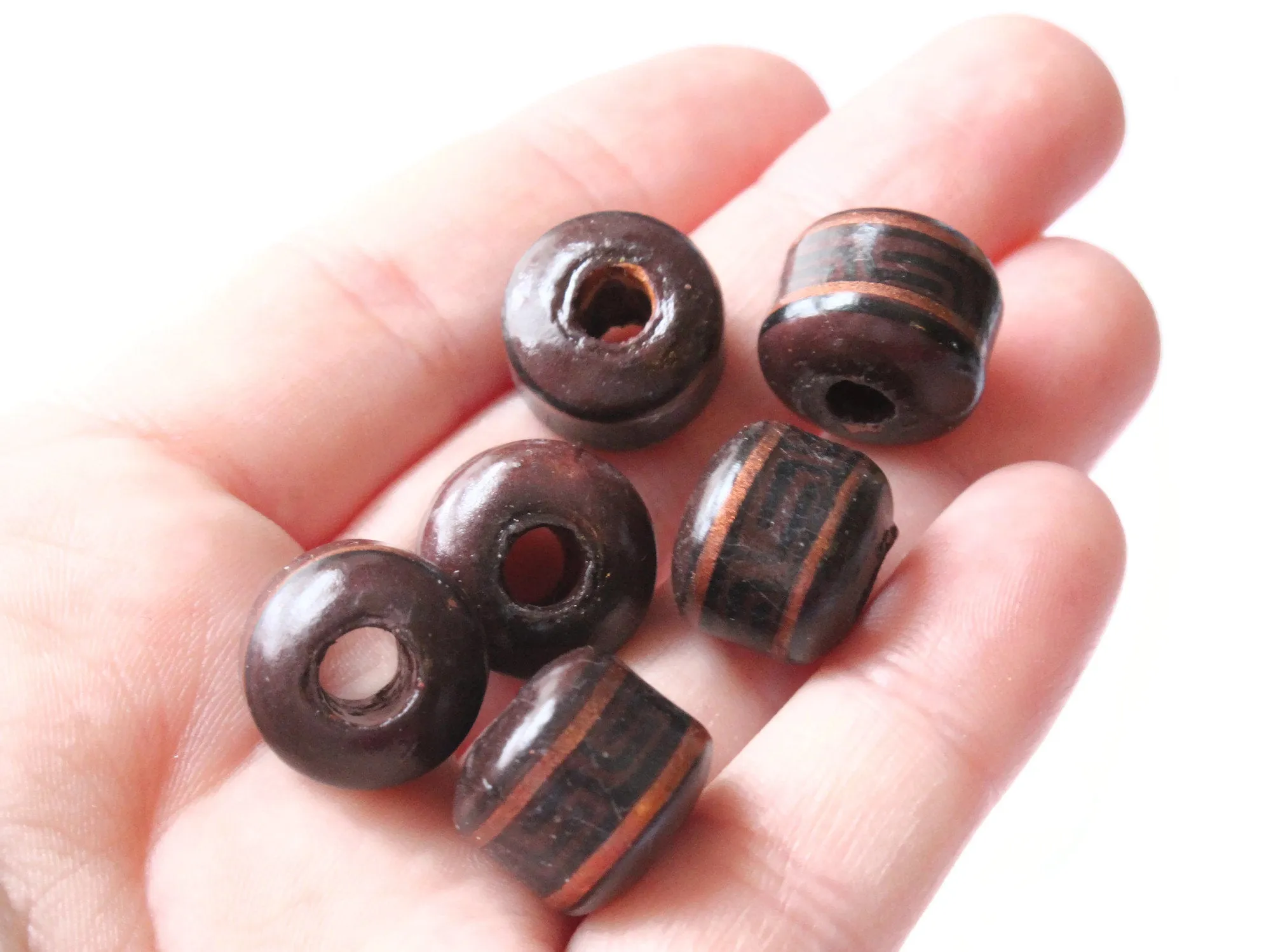 6 14mm Vintage Painted Clay Beads - Brown, Copper, and Black Patterned Tube Beads