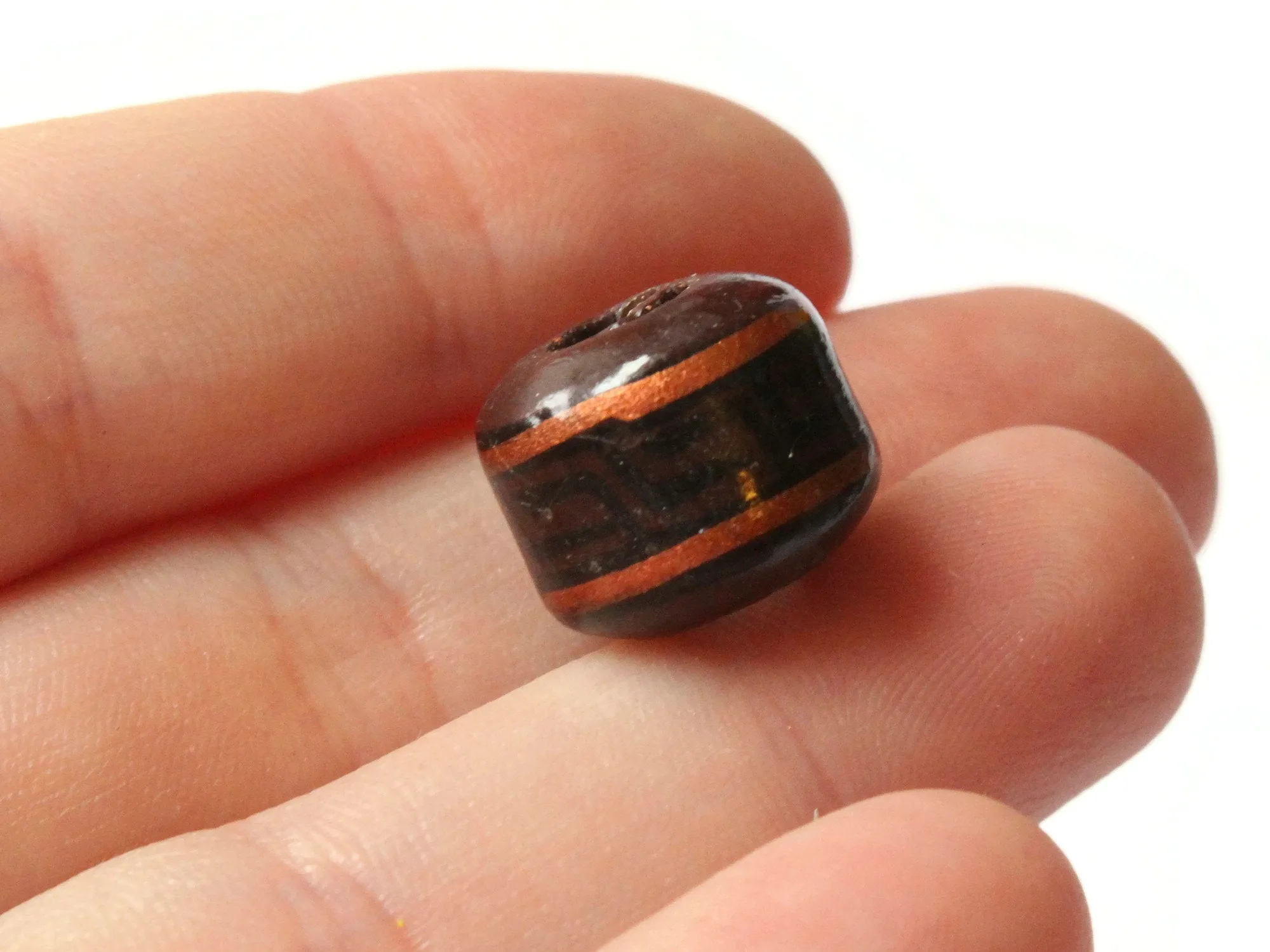 6 14mm Vintage Painted Clay Beads - Brown, Copper, and Black Patterned Tube Beads