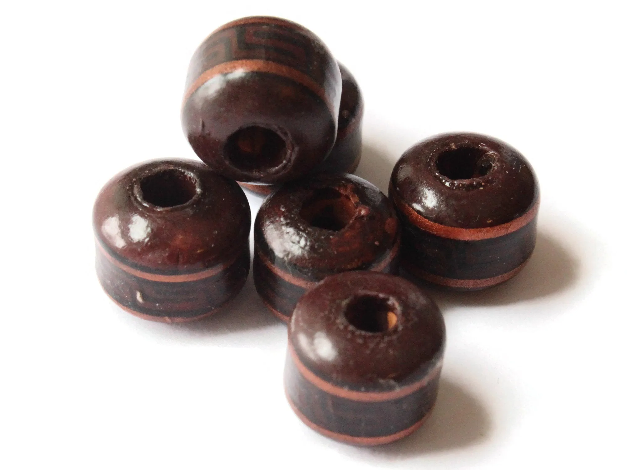 6 14mm Vintage Painted Clay Beads - Brown, Copper, and Black Patterned Tube Beads