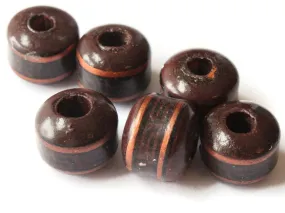 6 14mm Vintage Painted Clay Beads - Brown, Copper, and Black Patterned Tube Beads