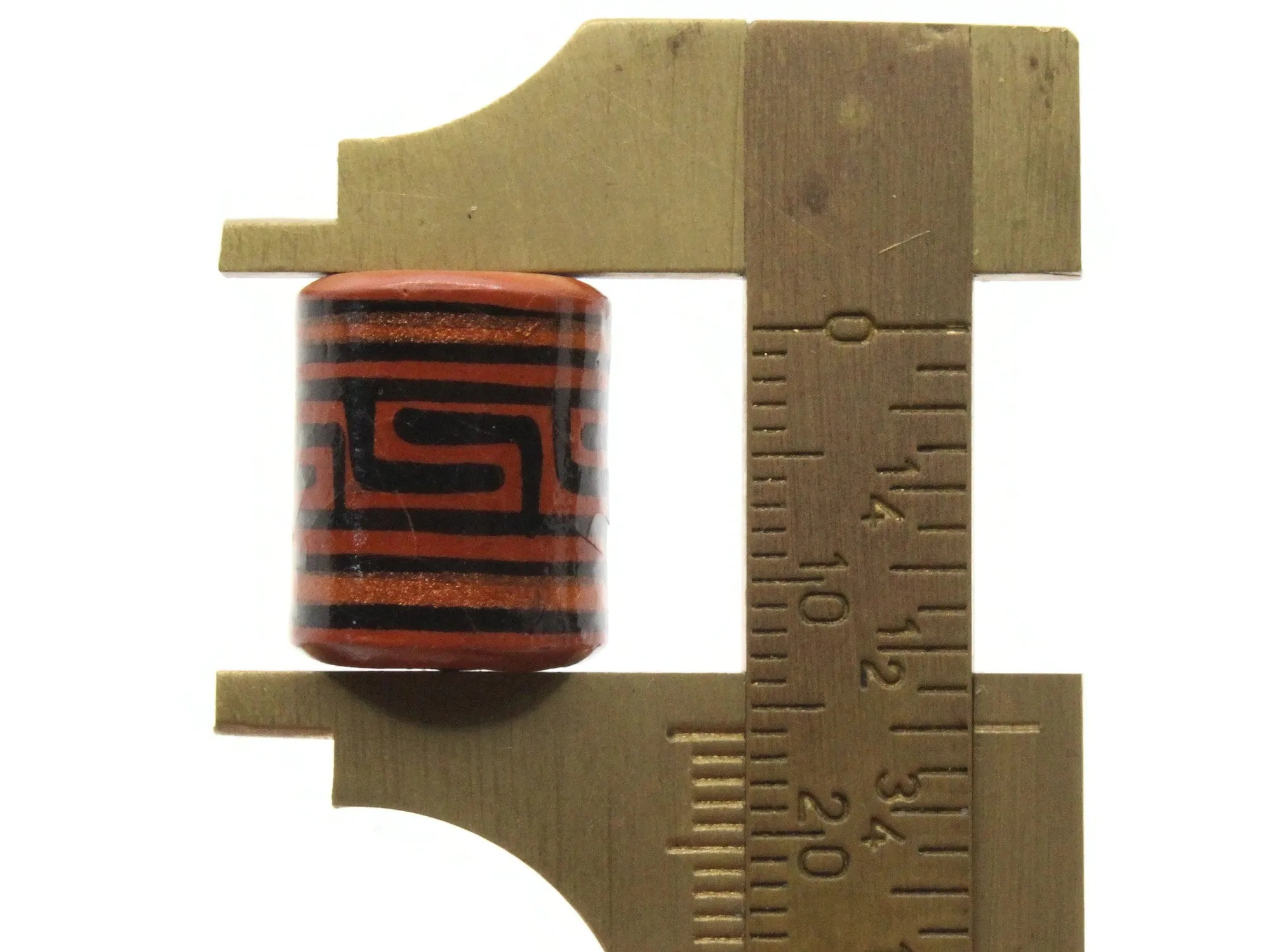 6 16mm Vintage Painted Clay Reddish Brown Copper and Black  Patterned Tube Peruvian Clay Beads