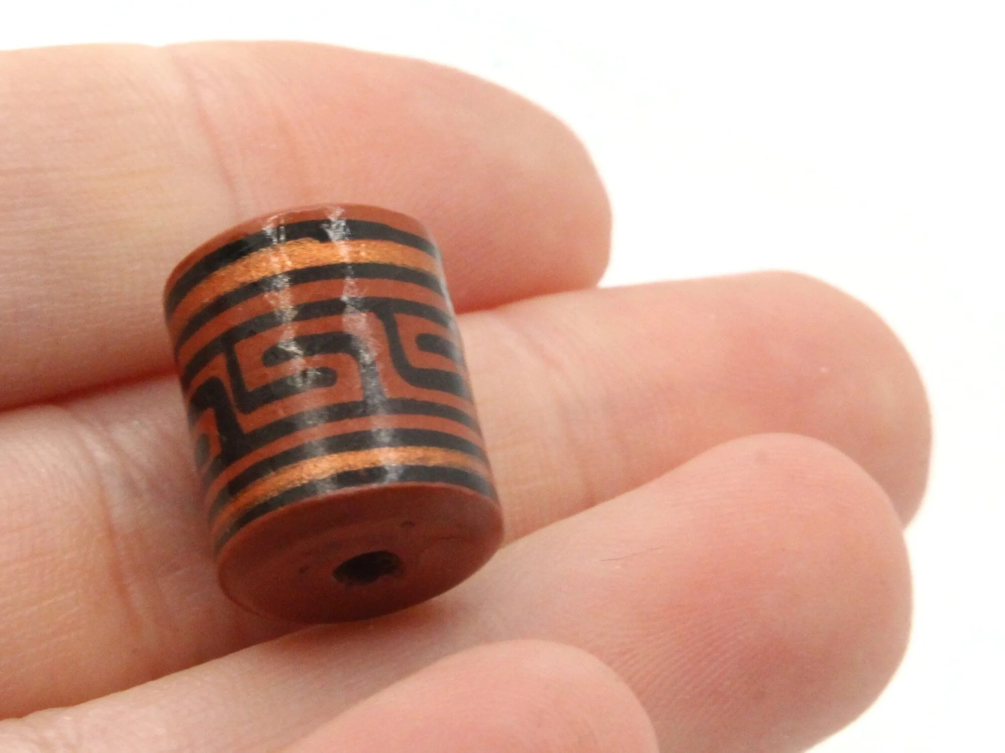 6 16mm Vintage Painted Clay Reddish Brown Copper and Black  Patterned Tube Peruvian Clay Beads