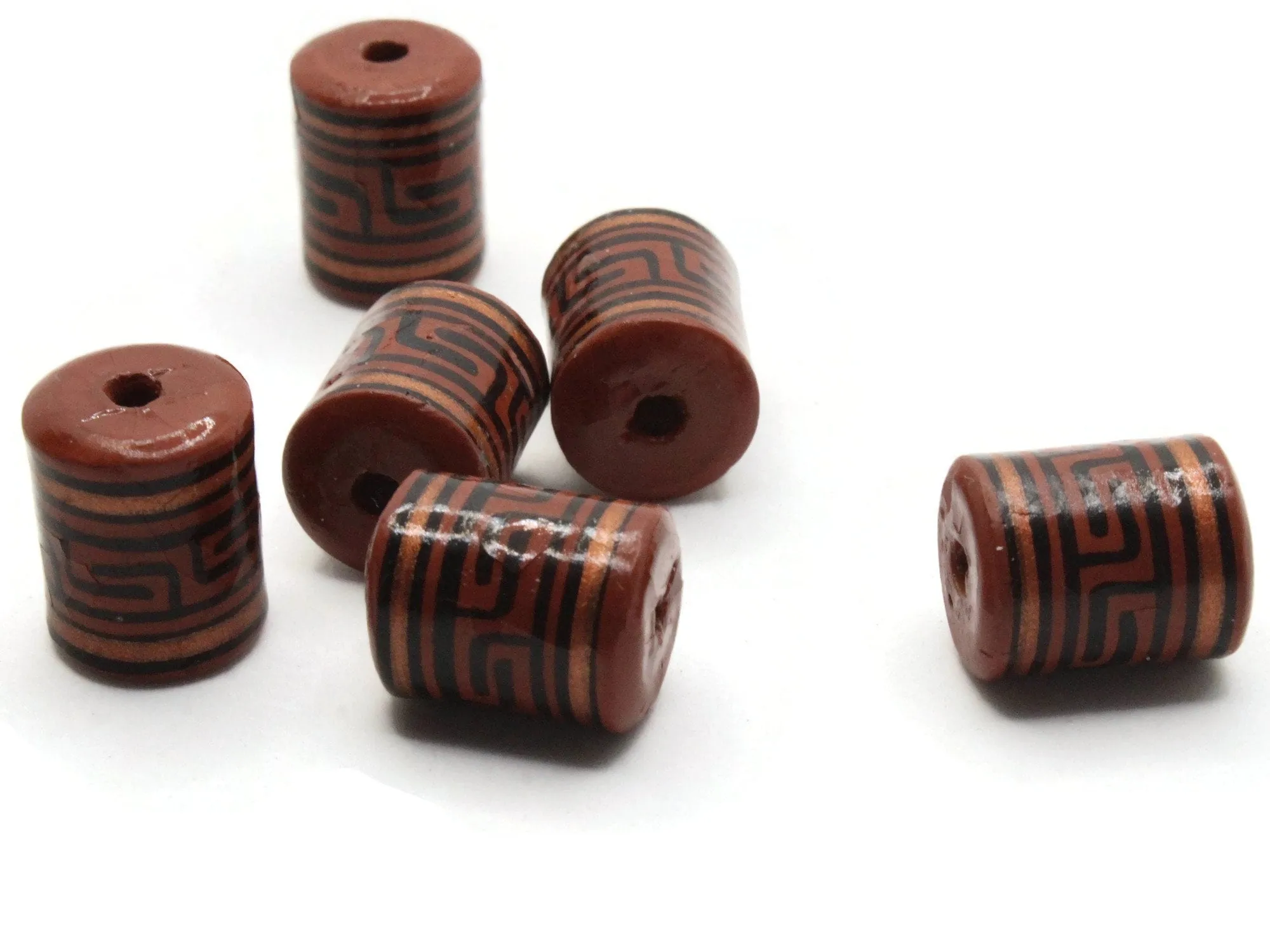 6 16mm Vintage Painted Clay Reddish Brown Copper and Black  Patterned Tube Peruvian Clay Beads