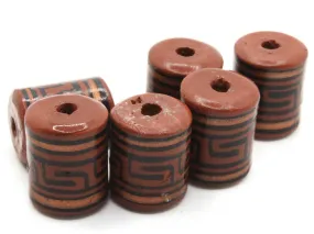 6 16mm Vintage Painted Clay Reddish Brown Copper and Black  Patterned Tube Peruvian Clay Beads