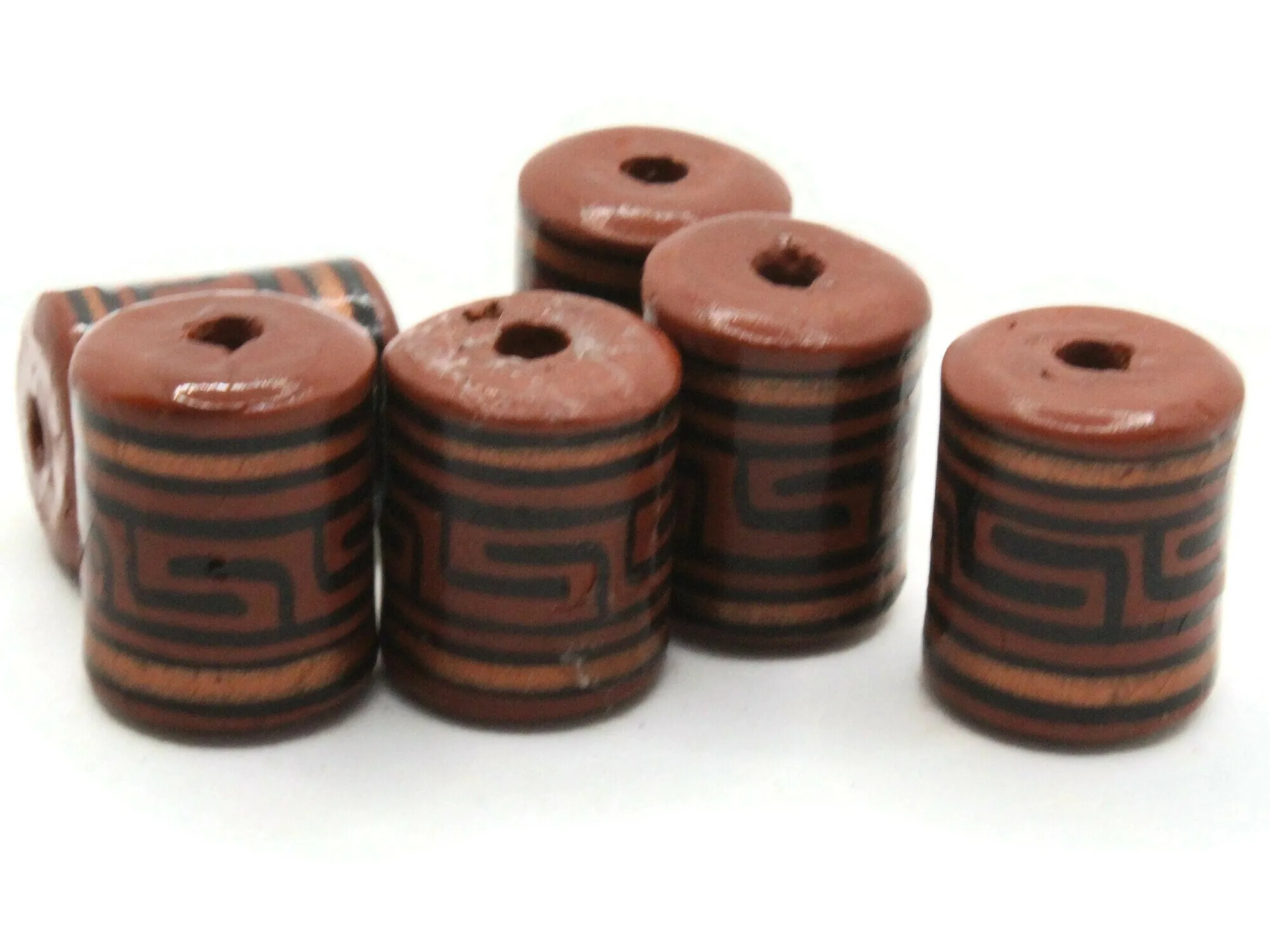 6 16mm Vintage Painted Clay Reddish Brown Copper and Black  Patterned Tube Peruvian Clay Beads