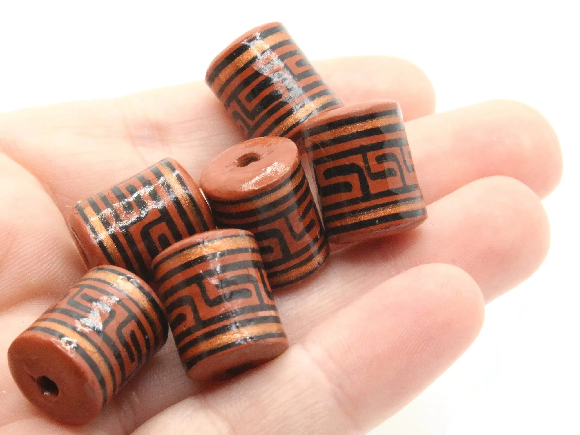 6 16mm Vintage Painted Clay Reddish Brown Copper and Black  Patterned Tube Peruvian Clay Beads