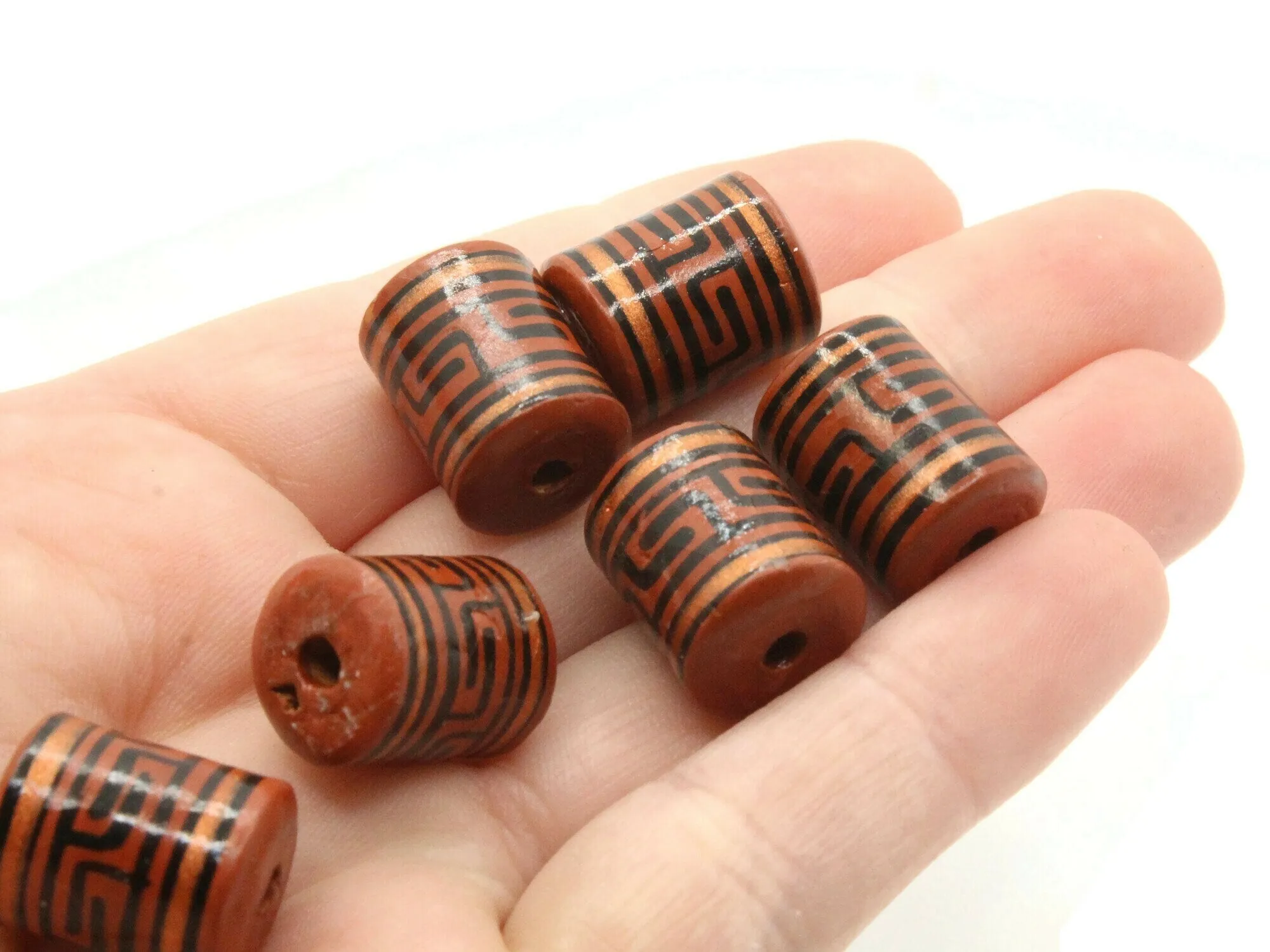 6 16mm Vintage Painted Clay Reddish Brown Copper and Black  Patterned Tube Peruvian Clay Beads