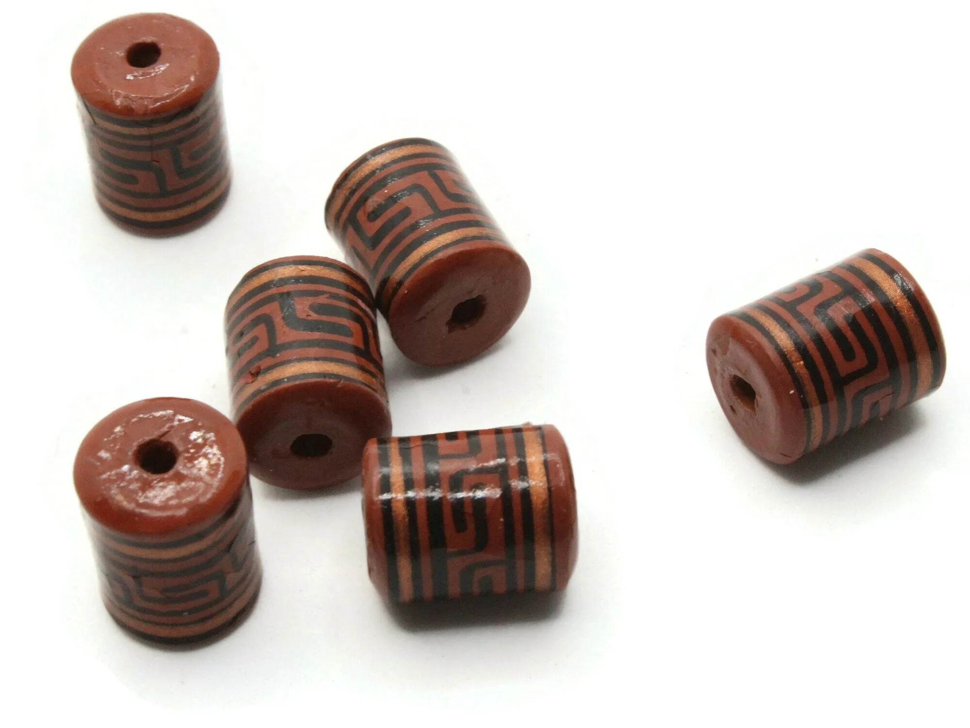 6 16mm Vintage Painted Clay Reddish Brown Copper and Black  Patterned Tube Peruvian Clay Beads