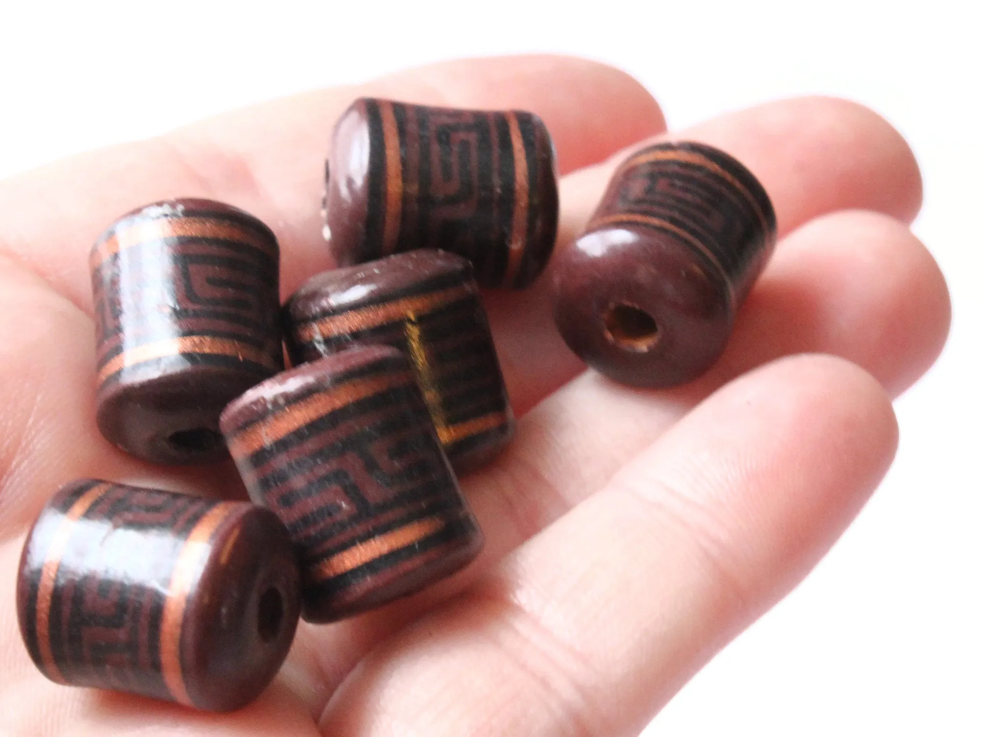 6 16mm Vintage Painted Peruvian Clay Beads - Brown, Copper, and Black Patterned Tube Beads
