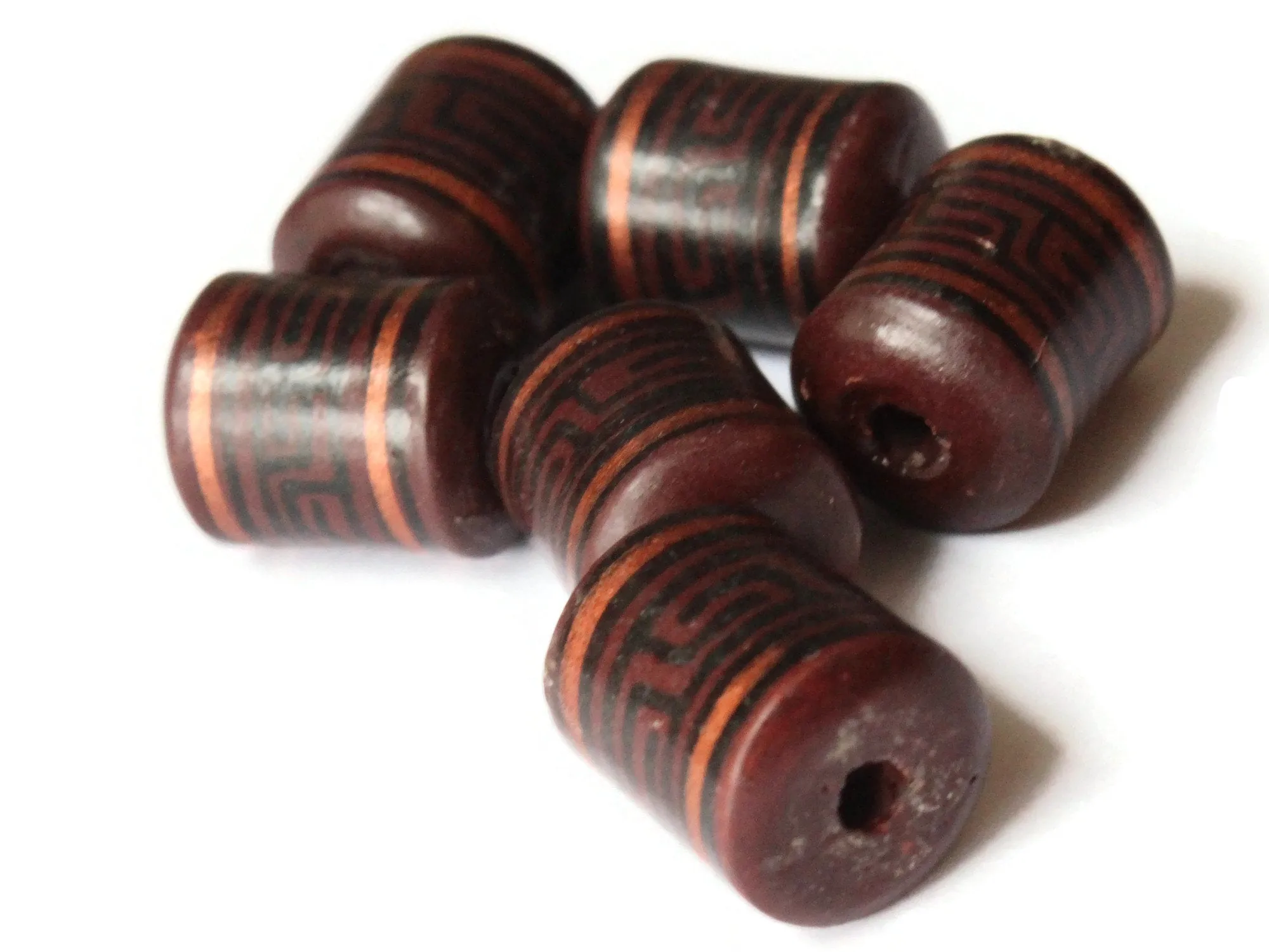 6 16mm Vintage Painted Peruvian Clay Beads - Brown, Copper, and Black Patterned Tube Beads