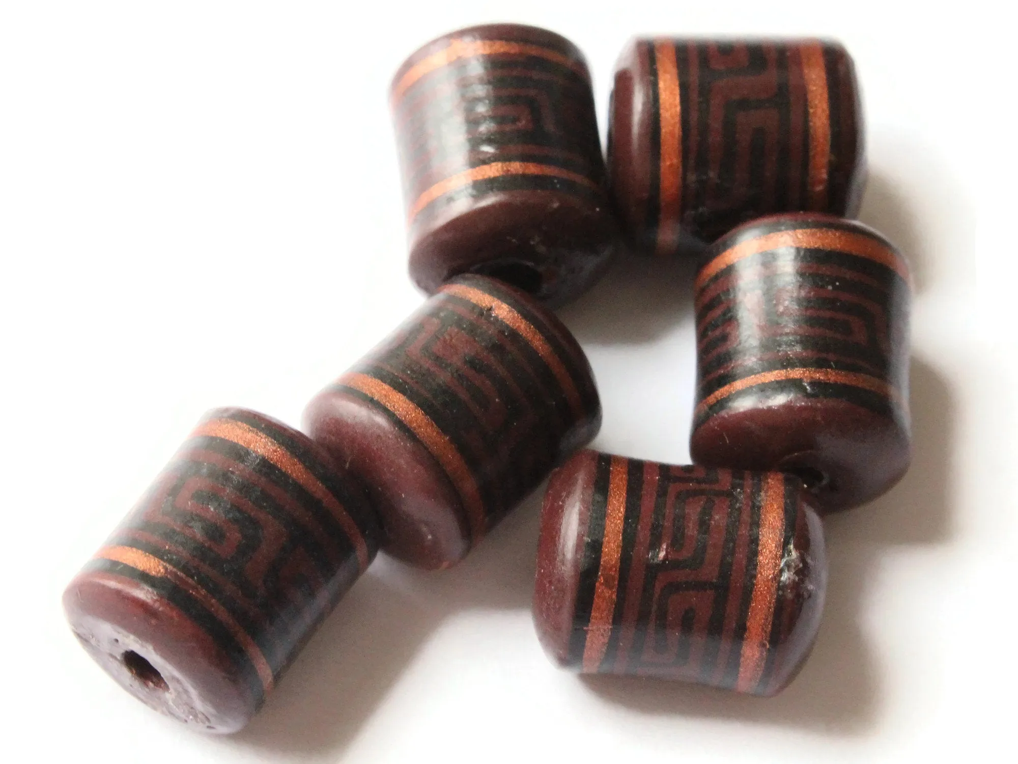 6 16mm Vintage Painted Peruvian Clay Beads - Brown, Copper, and Black Patterned Tube Beads