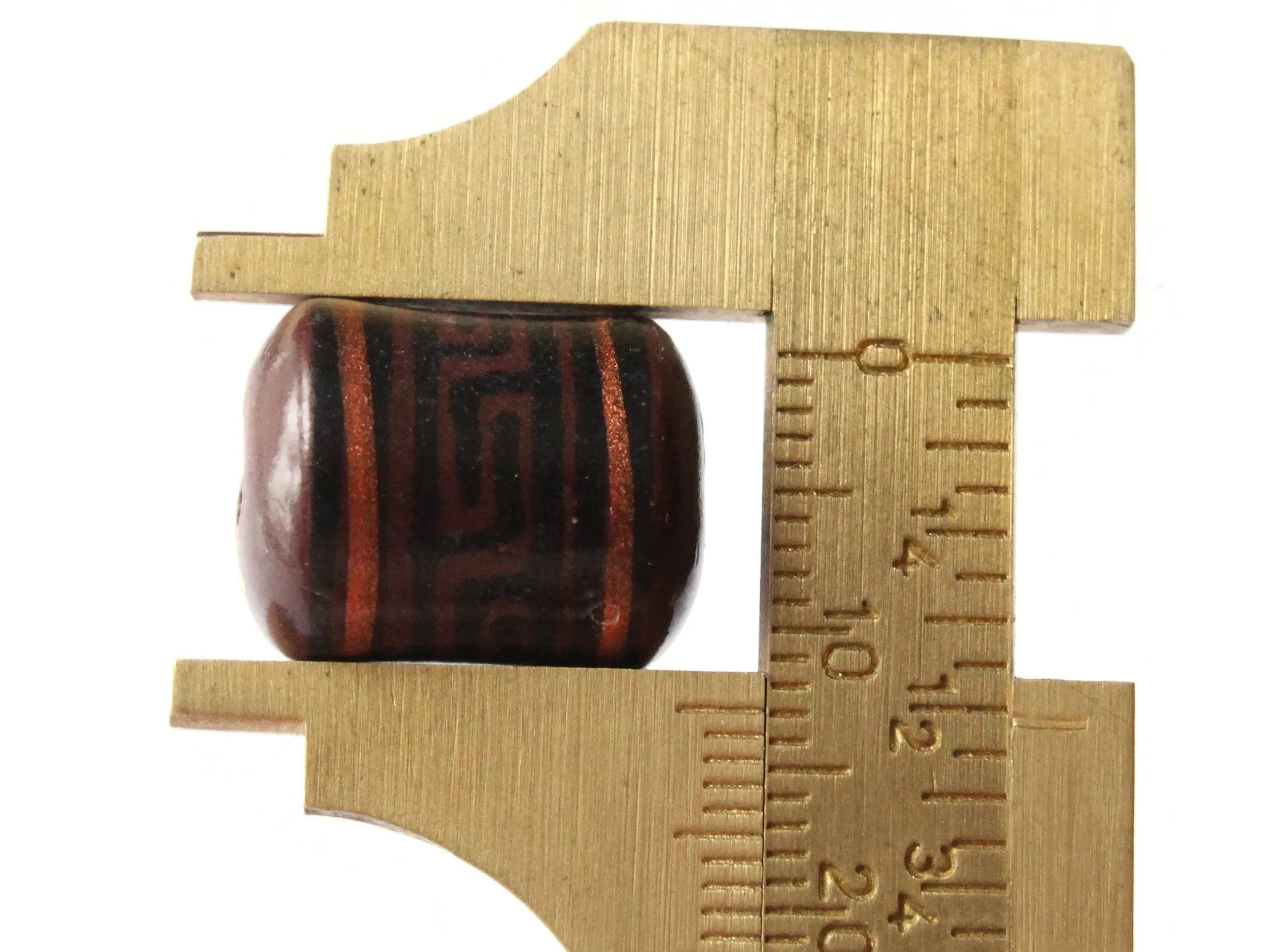 6 16mm Vintage Painted Peruvian Clay Beads - Brown, Copper, and Black Patterned Tube Beads