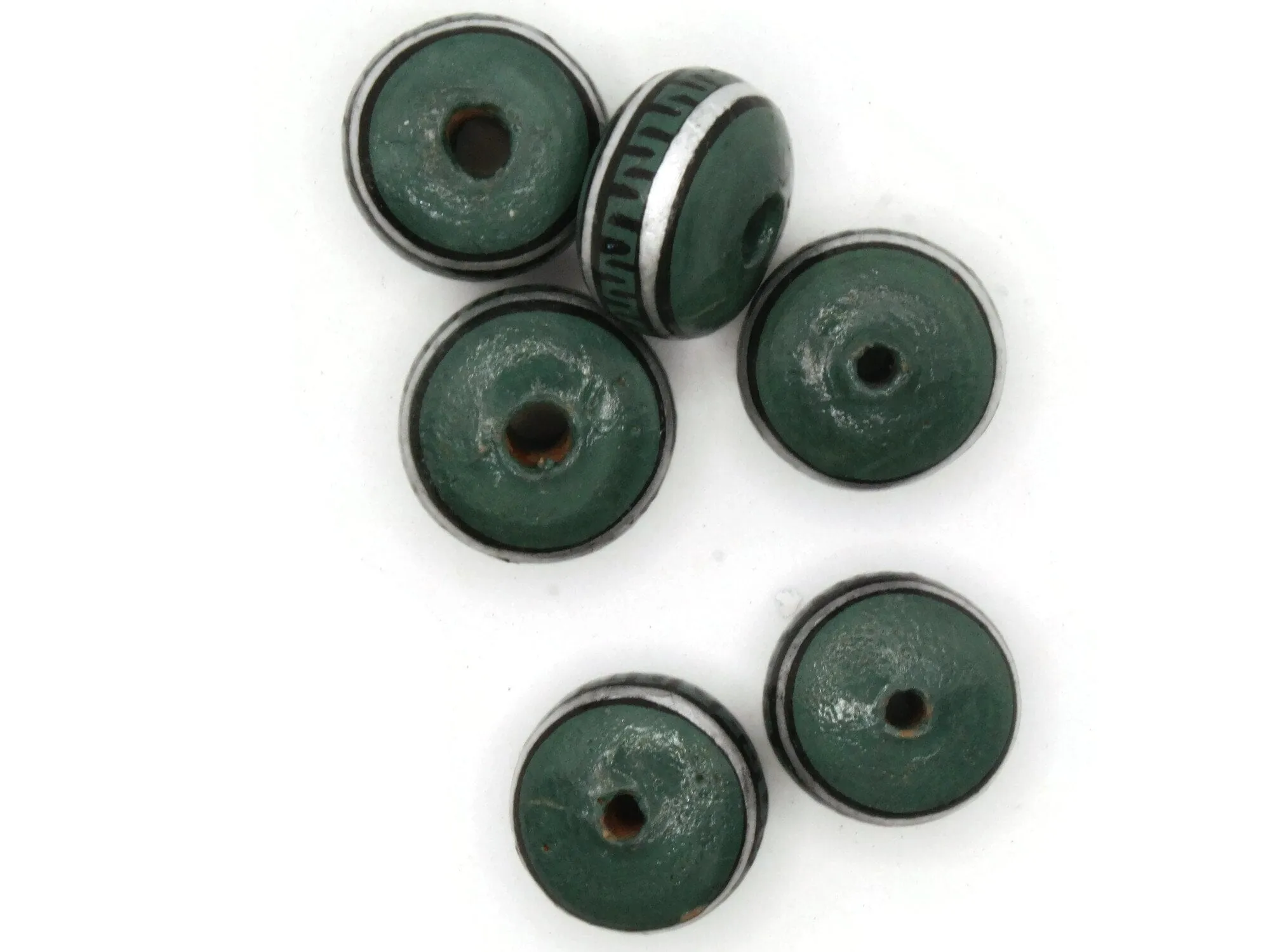 6 18mm Vintage Painted Peru Clay Green Silver and Black Patterned Disc Beads