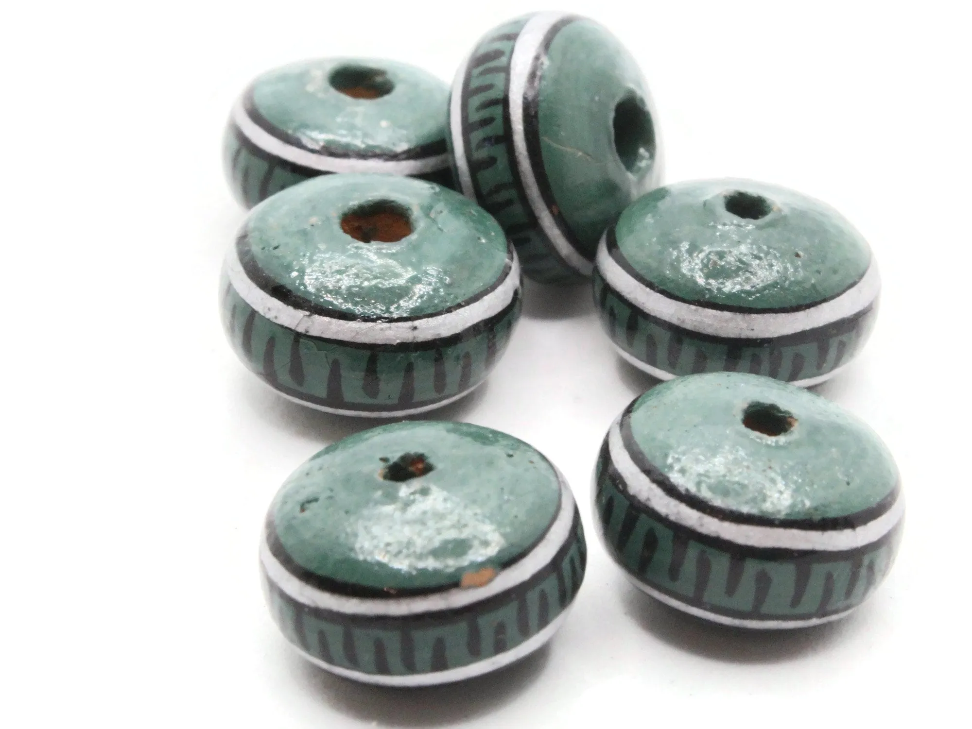 6 18mm Vintage Painted Peru Clay Green Silver and Black Patterned Disc Beads