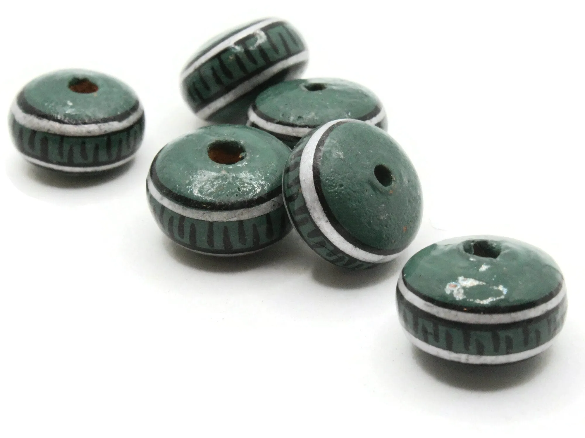 6 18mm Vintage Painted Peru Clay Green Silver and Black Patterned Disc Beads