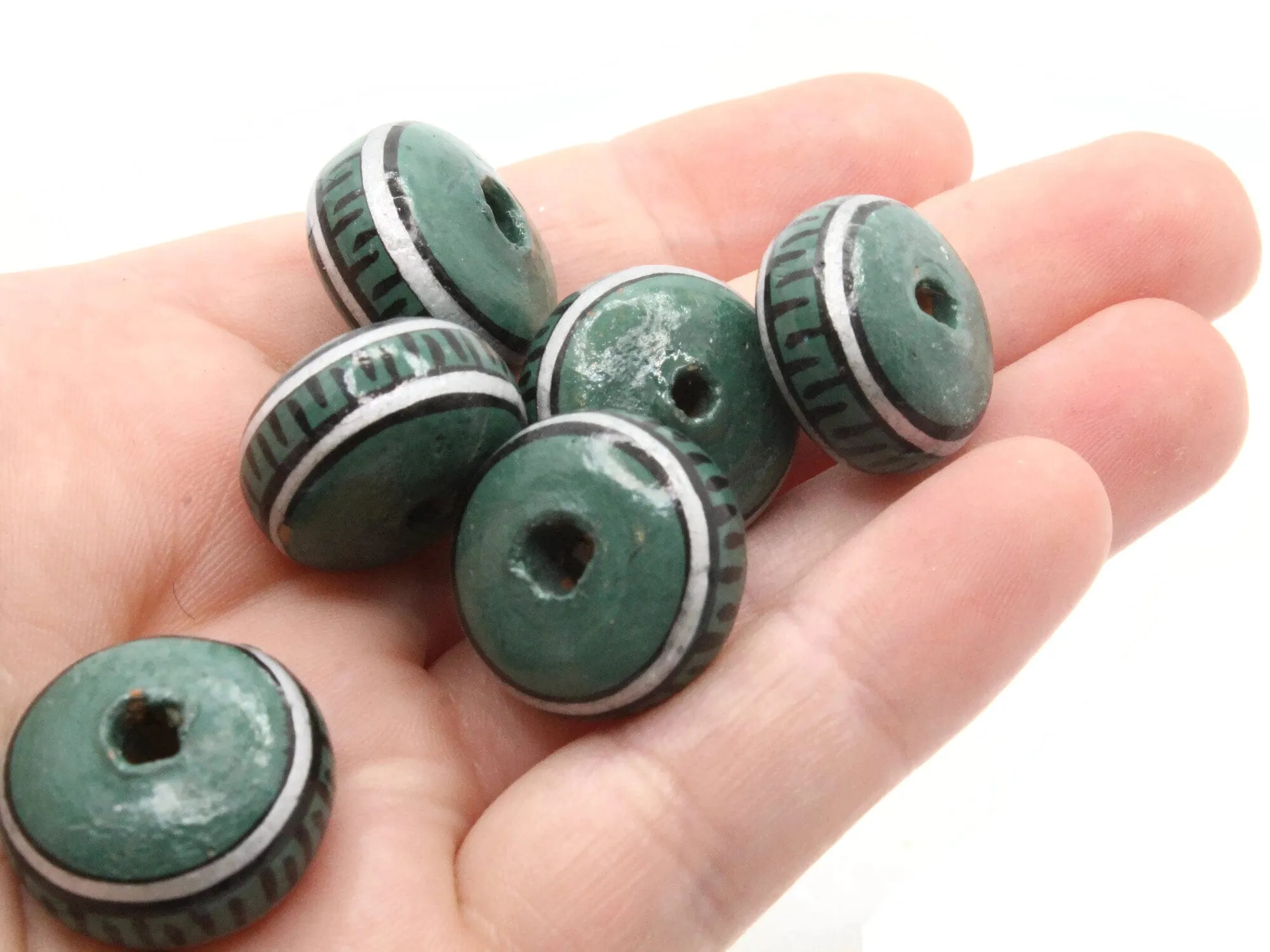 6 18mm Vintage Painted Peru Clay Green Silver and Black Patterned Disc Beads