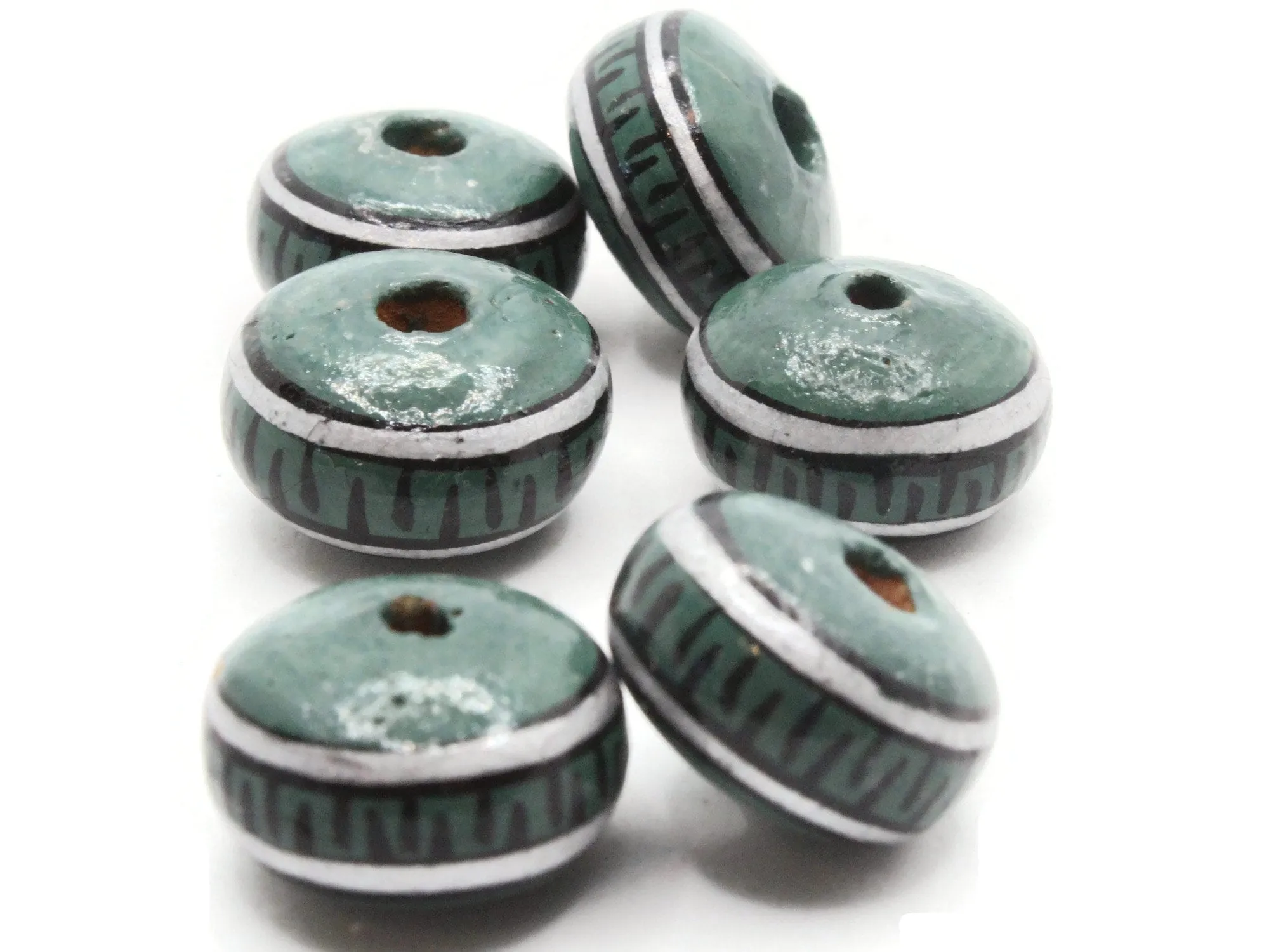 6 18mm Vintage Painted Peru Clay Green Silver and Black Patterned Disc Beads