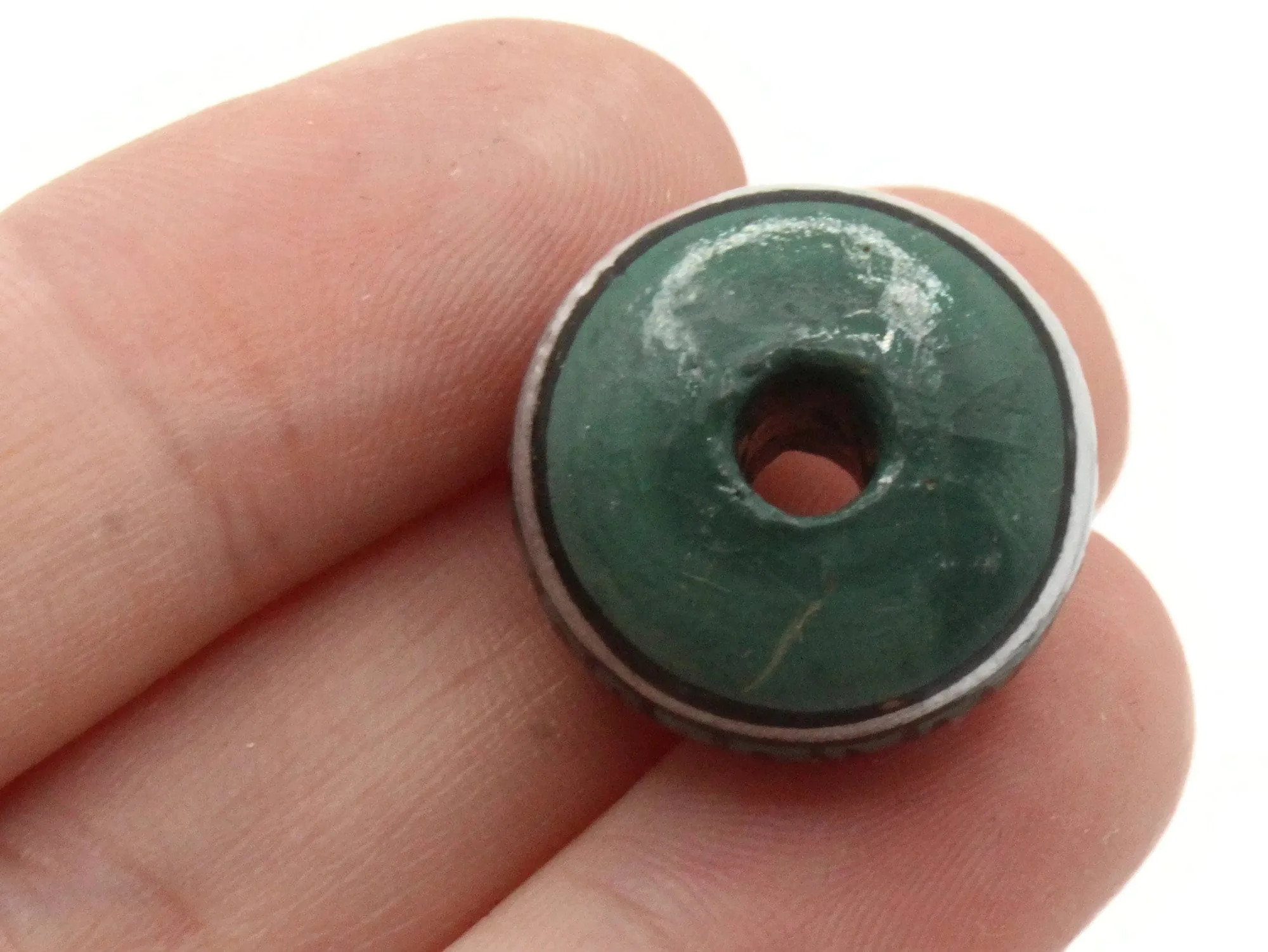 6 18mm Vintage Painted Peru Clay Green Silver and Black Patterned Disc Beads
