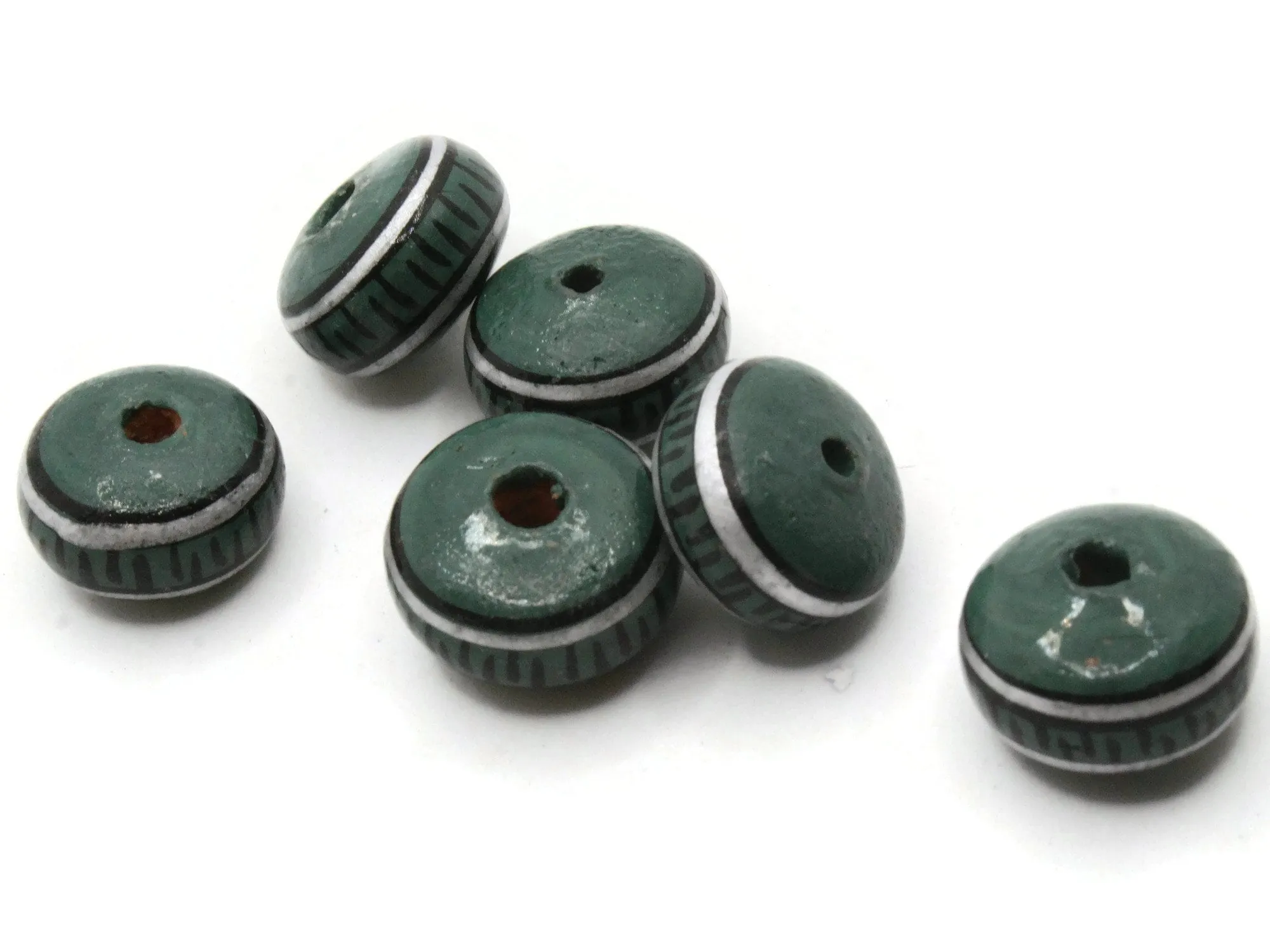 6 18mm Vintage Painted Peru Clay Green Silver and Black Patterned Disc Beads