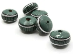 6 18mm Vintage Painted Peru Clay Green Silver and Black Patterned Disc Beads
