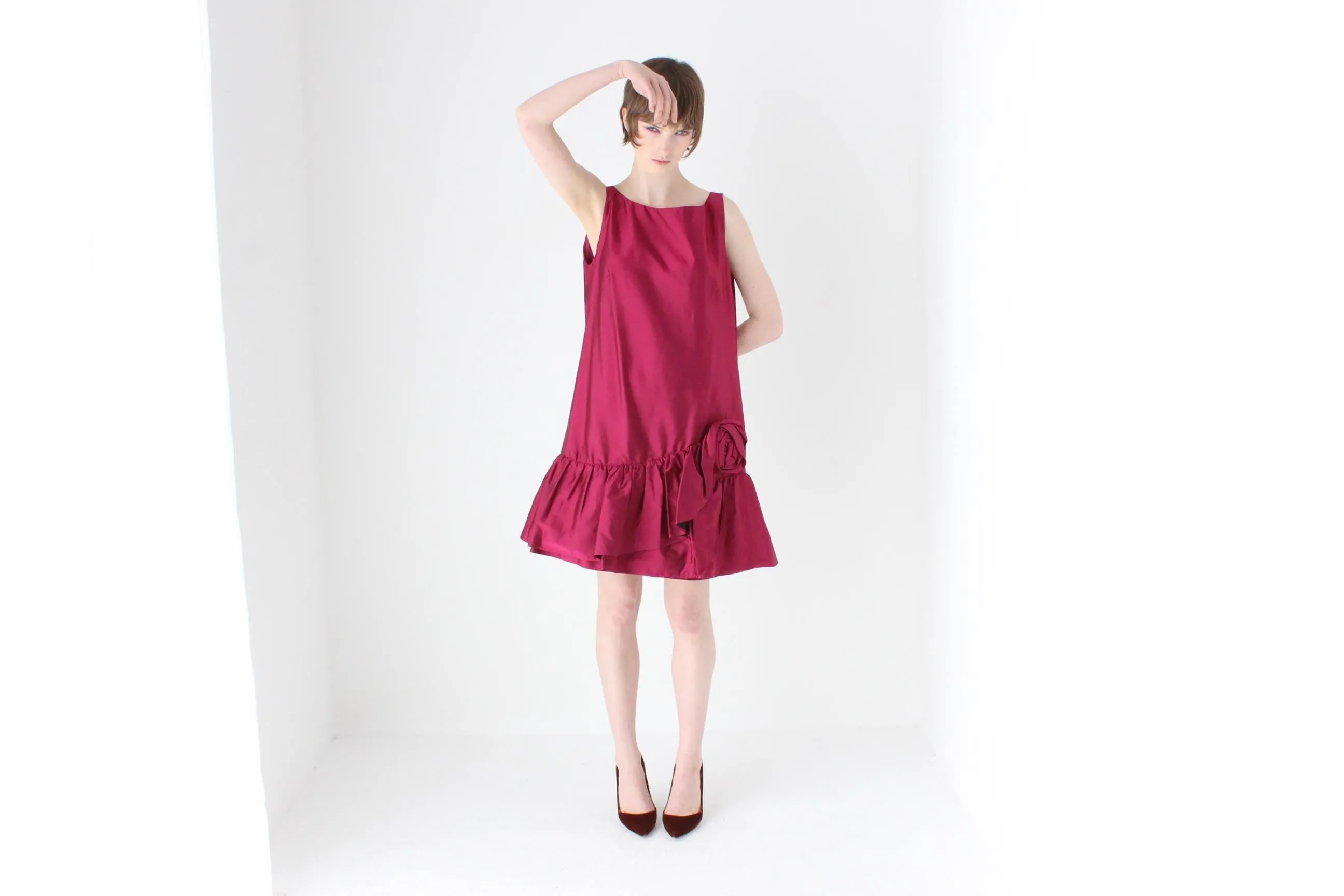 90s MOSCHINO Voluminous Silk Ruffle & Rosette Mini Tent Dress