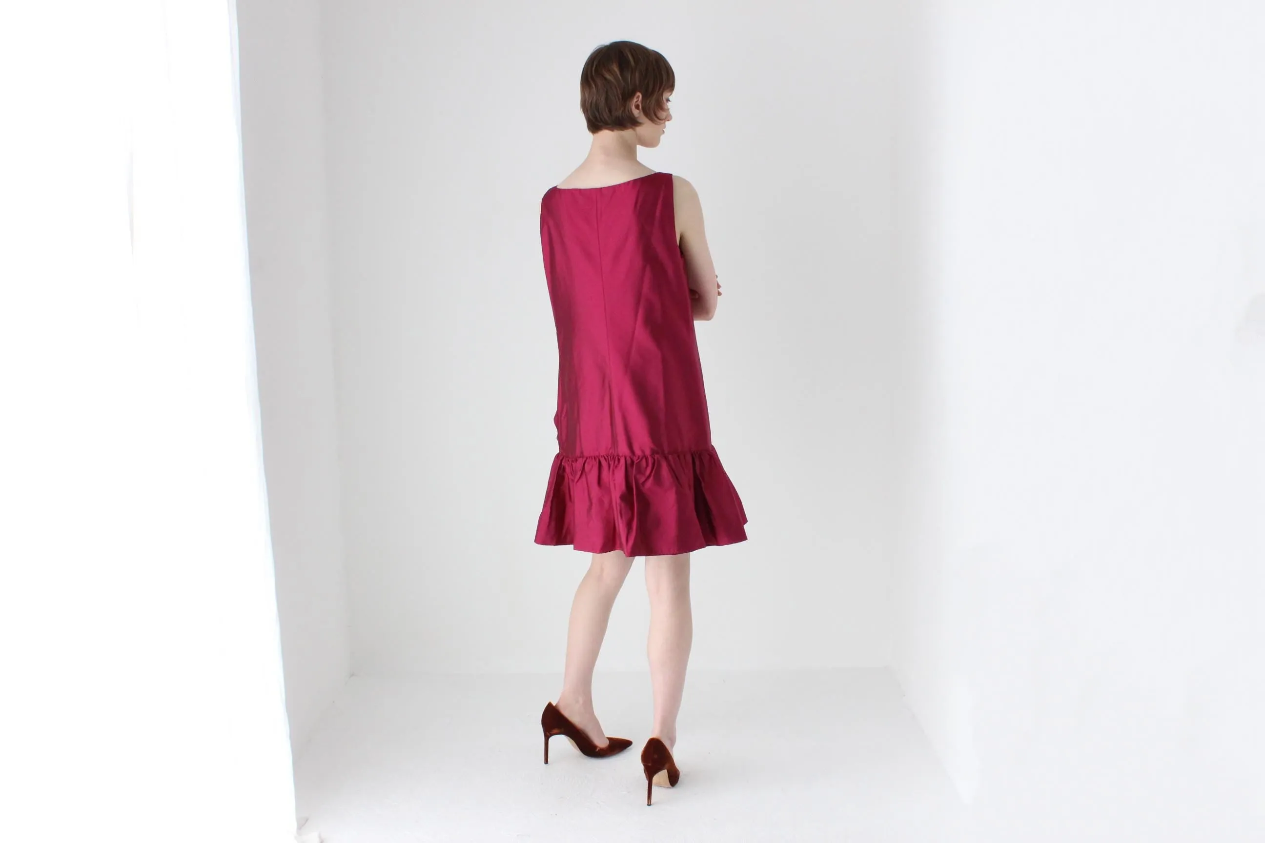 90s MOSCHINO Voluminous Silk Ruffle & Rosette Mini Tent Dress