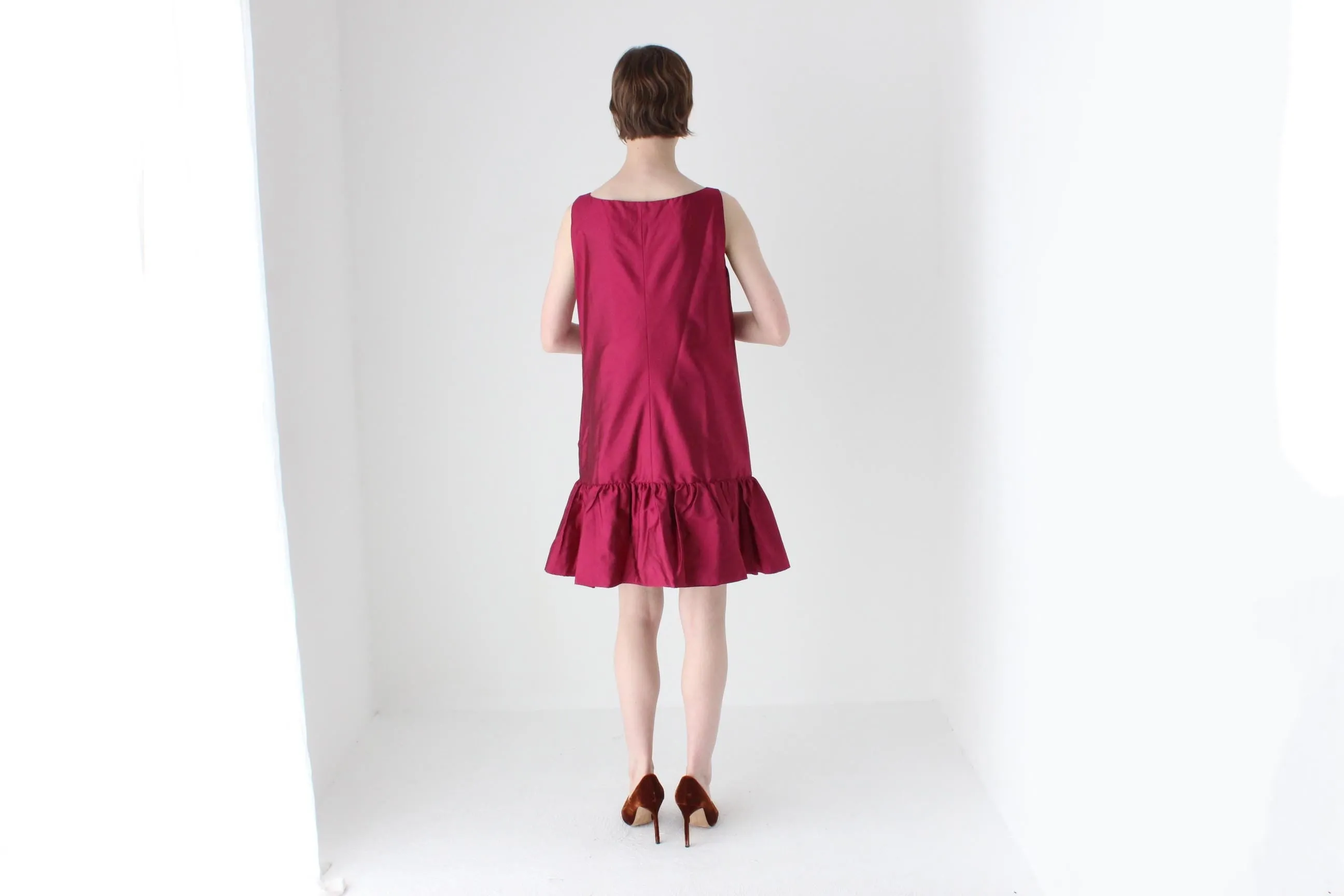 90s MOSCHINO Voluminous Silk Ruffle & Rosette Mini Tent Dress