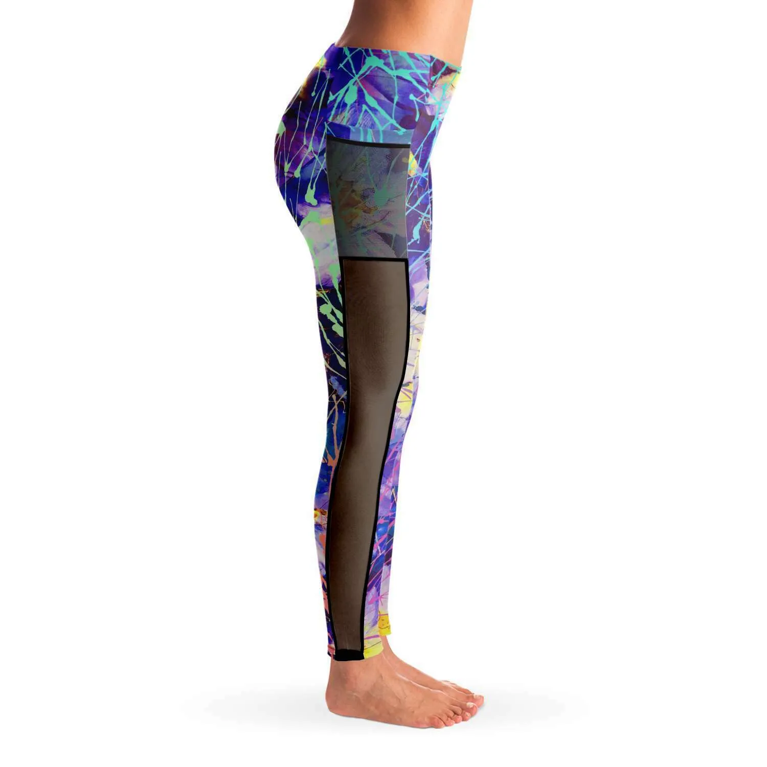 Art Flowers Mesh Panel Side Pockets Leggings up to XL (FWS)