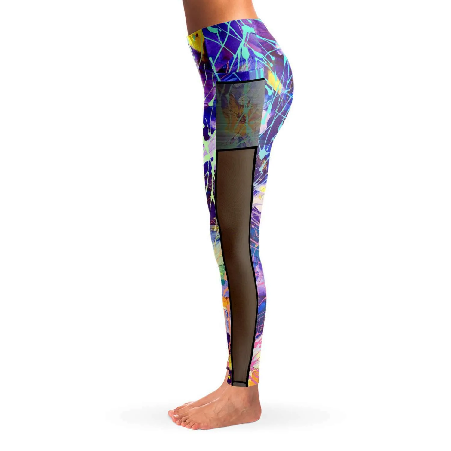 Art Flowers Mesh Panel Side Pockets Leggings up to XL (FWS)