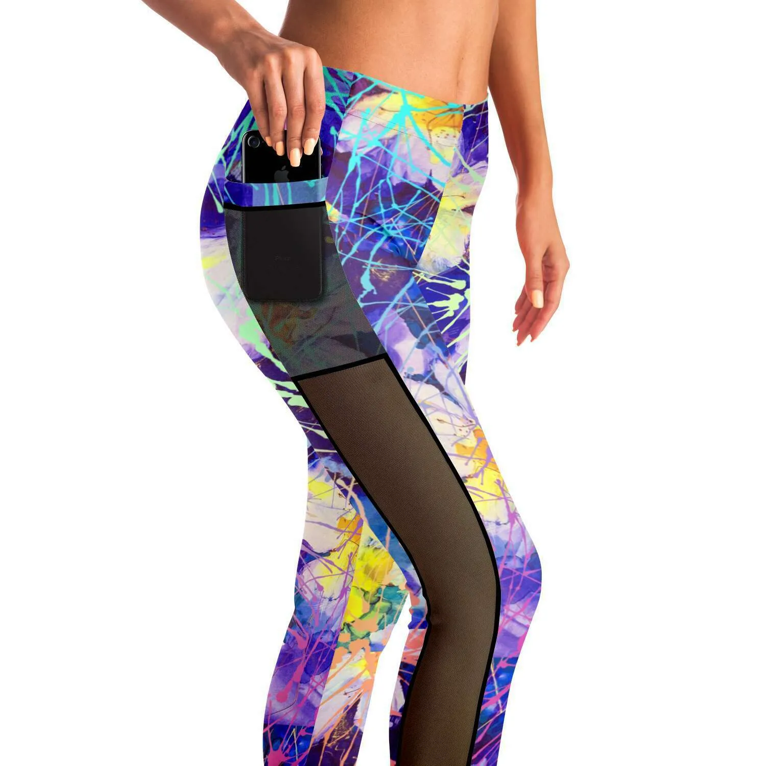 Art Flowers Mesh Panel Side Pockets Leggings up to XL (FWS)