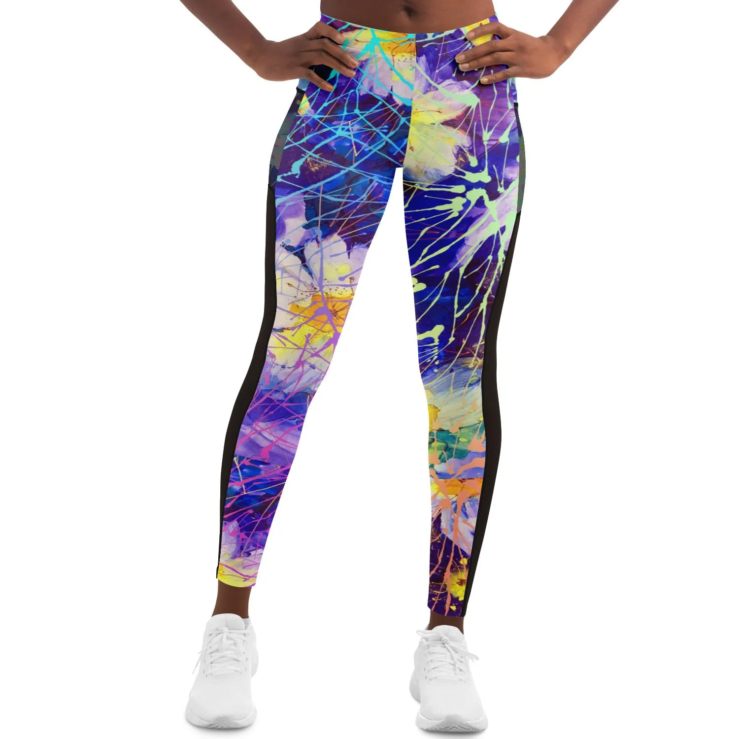 Art Flowers Mesh Panel Side Pockets Leggings up to XL (FWS)