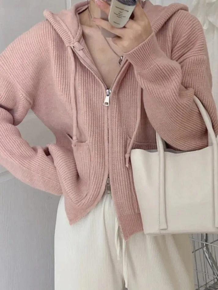 Back To School Sonicelife Solid Double Zip Hooded Cardigan