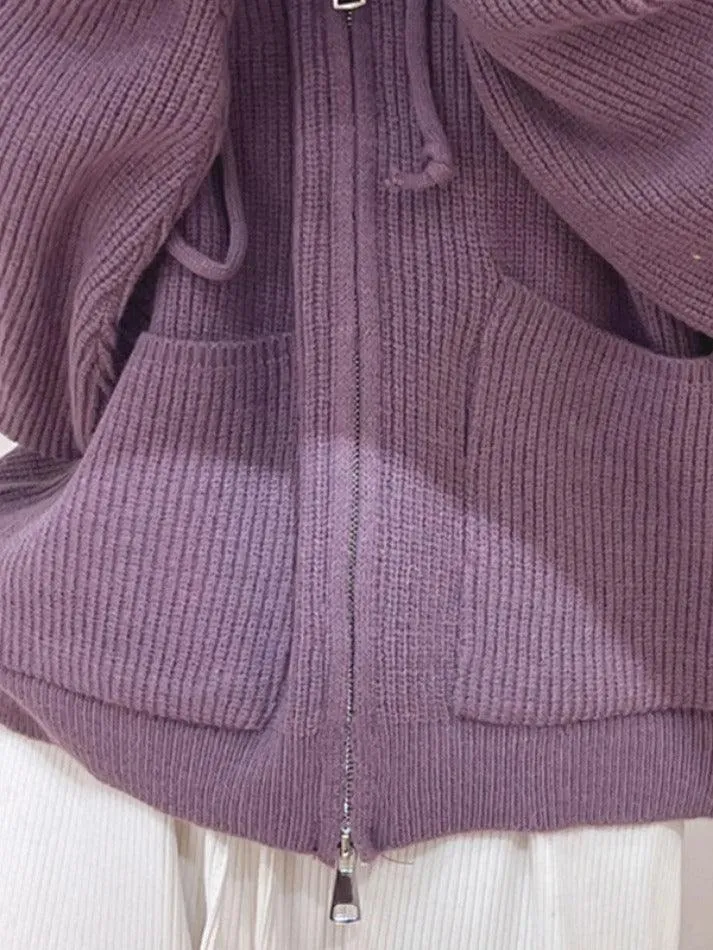 Back To School Sonicelife Solid Double Zip Hooded Cardigan